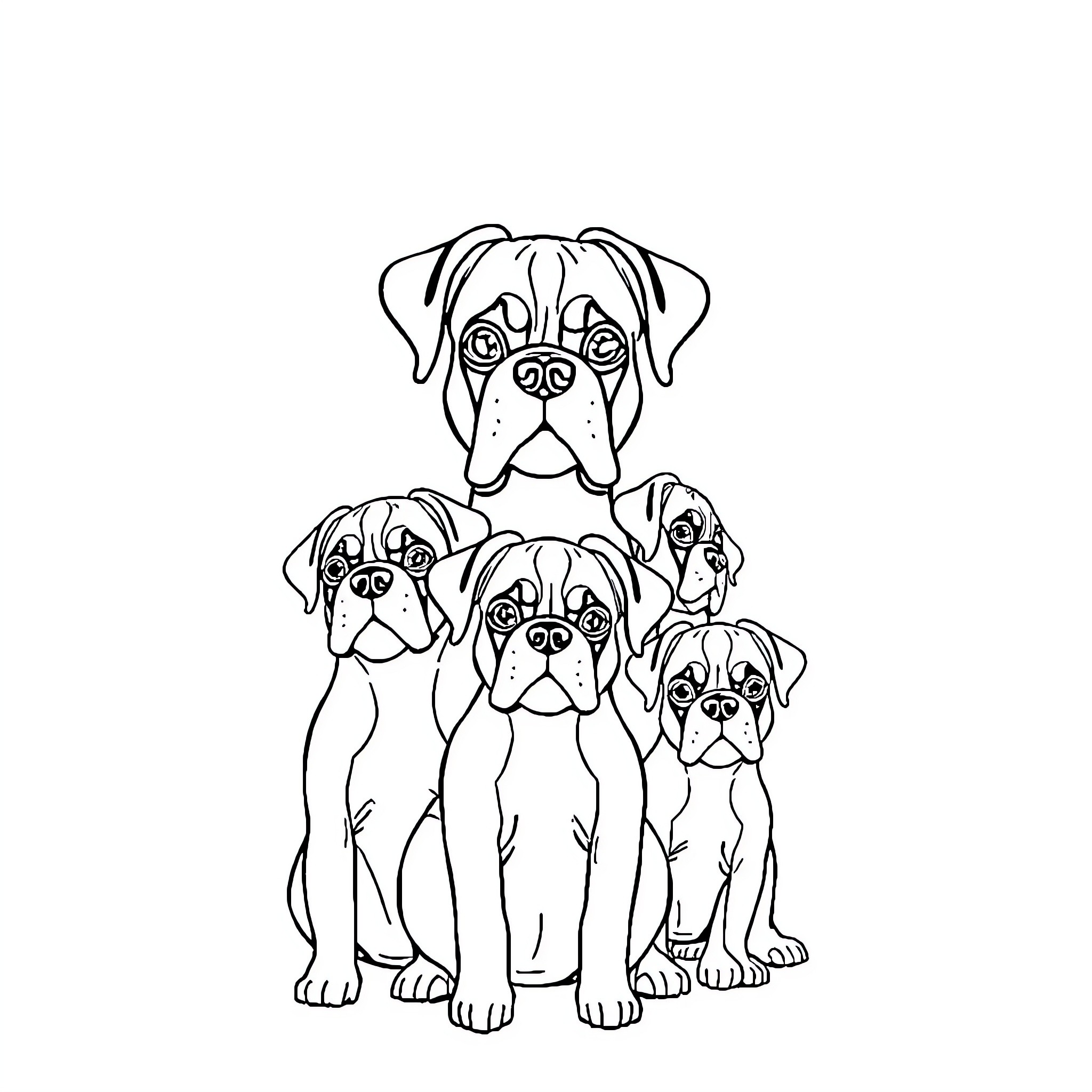 Boxer dogs sitting together Coloring Page (free black-and-white line drawing printable PDF for all, from beginners to advanced learners, including children, teens, adults, and seniors)