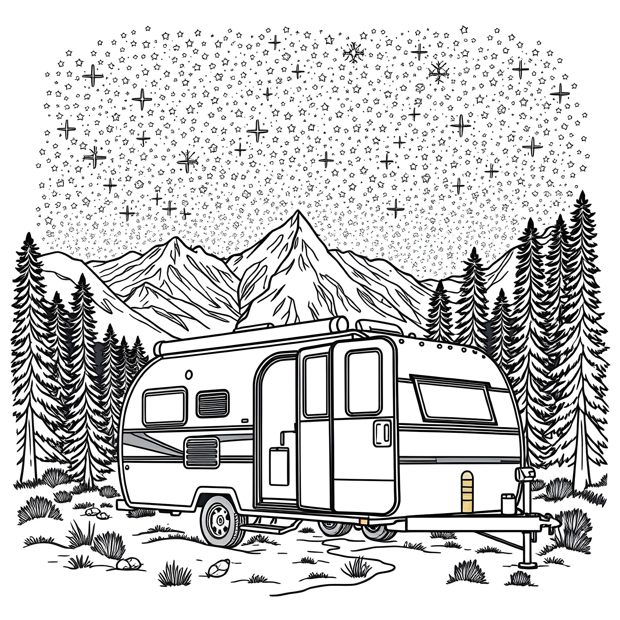 Trailer parked under a starry night sky in the mountains Coloring Page (free black-and-white line drawing printable PDF for all, from beginners to advanced learners, including children, teens, adults, and seniors)