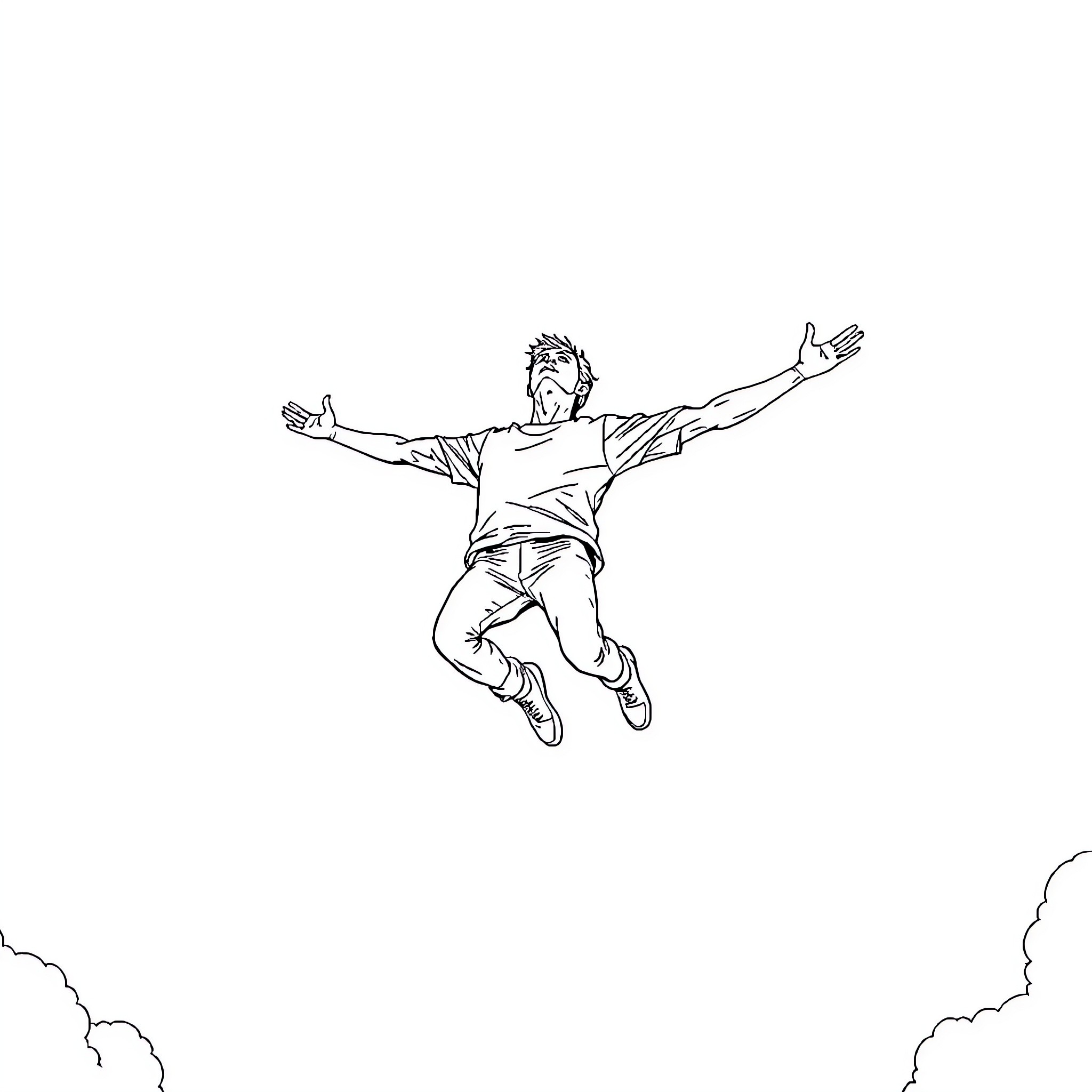 Man jumping joyfully in the air Coloring Page (free black-and-white line drawing printable PDF for all, from beginners to advanced learners, including children, teens, adults, and seniors)