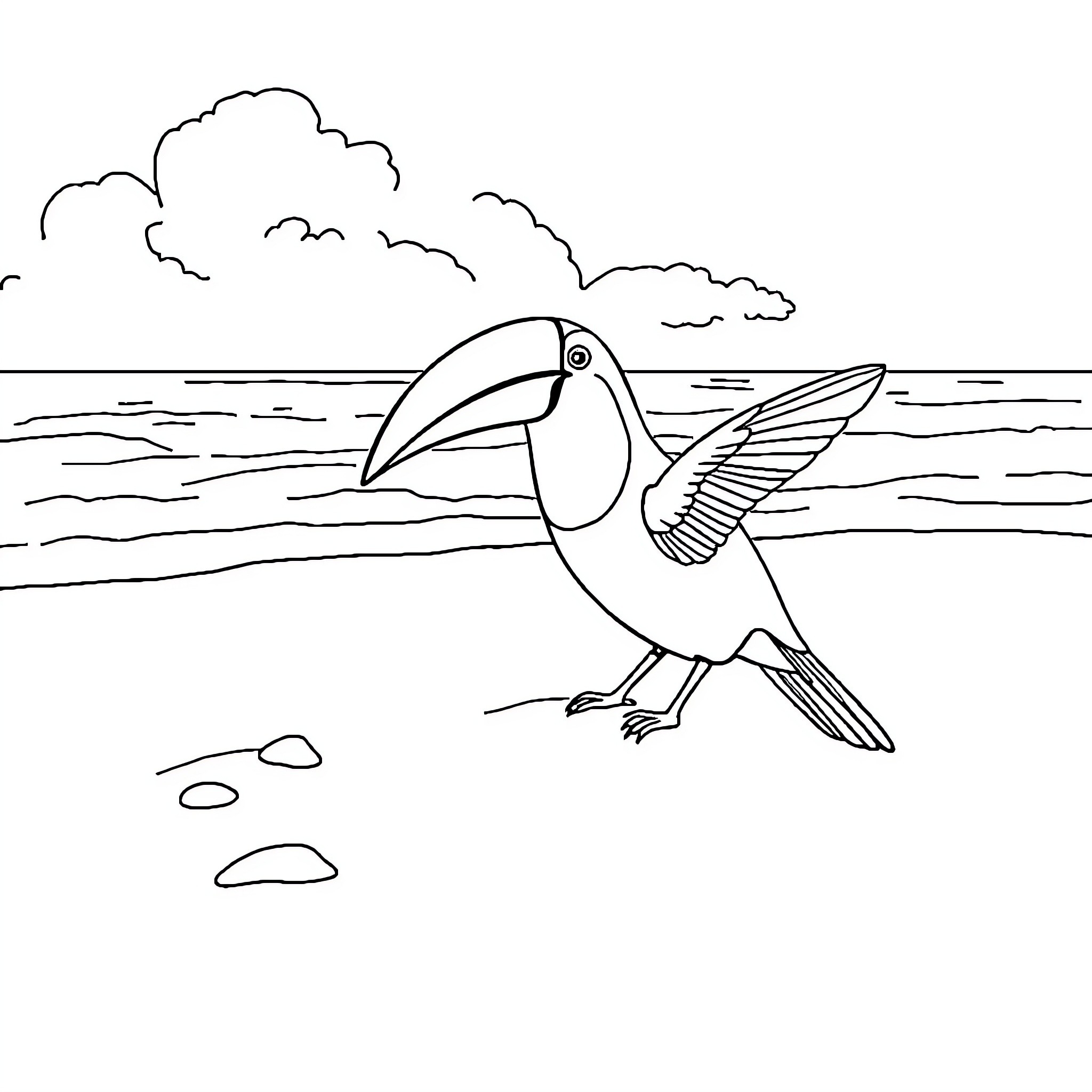 Hummingbird soaring over the ocean Coloring Page (free black-and-white line drawing printable PDF for all, from beginners to advanced learners, including children, teens, adults, and seniors)