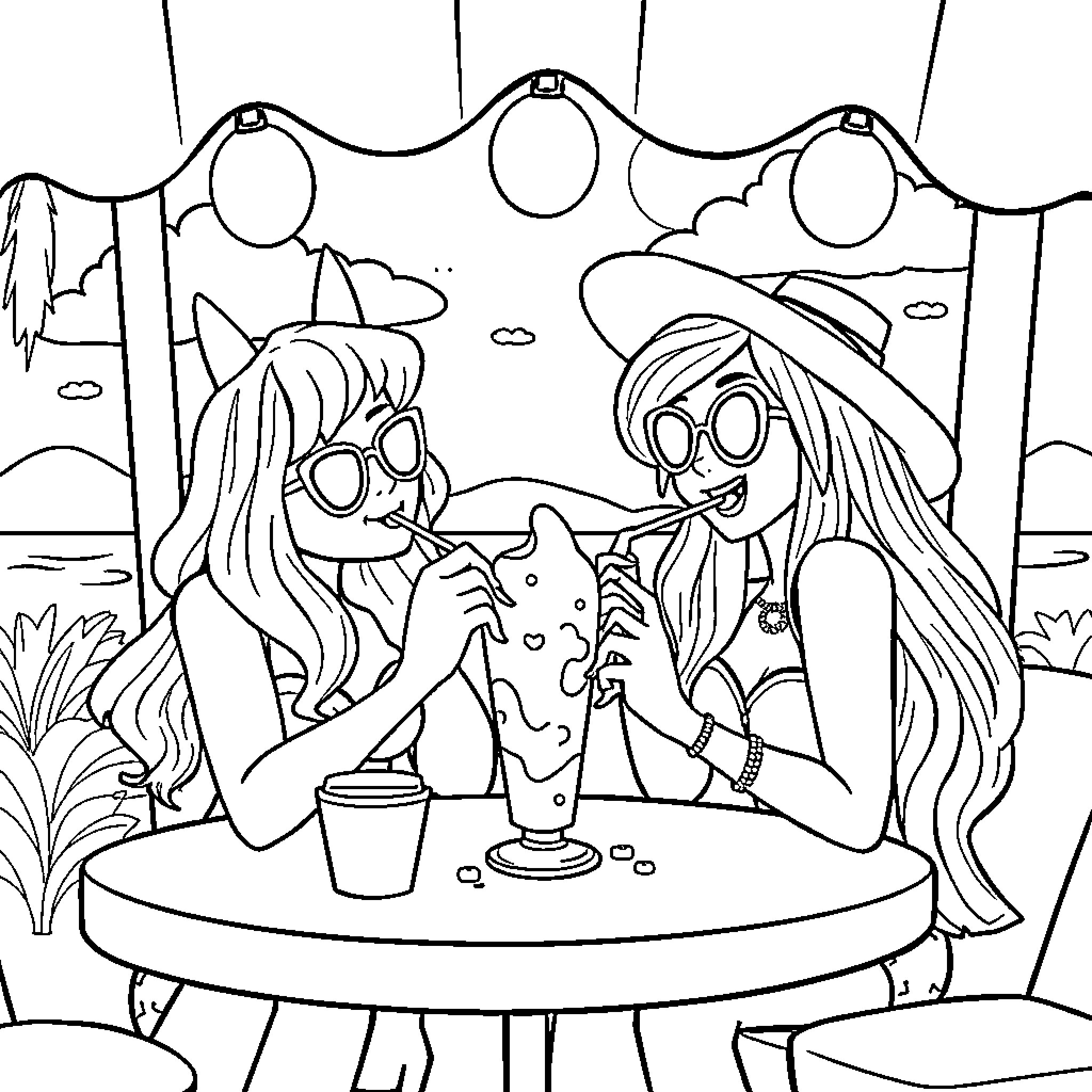 Huntrix Enjoying Carnival Festivities with Friends Coloring Page (free black-and-white line drawing printable PDF for all, from beginners to advanced learners, including children, teens, adults, and seniors)