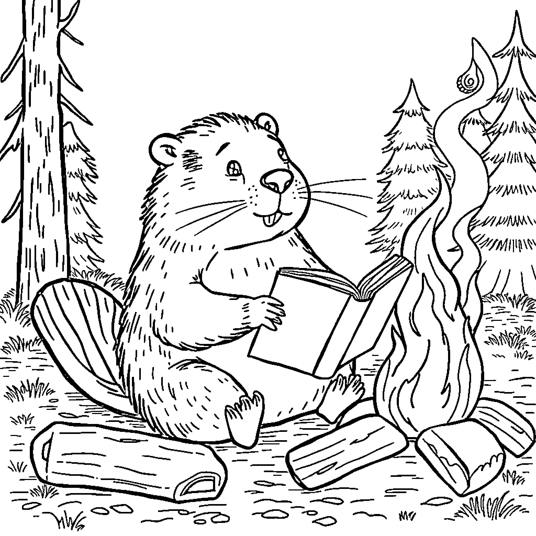 Beaver reading a book in the forest Coloring Page (free black-and-white line drawing printable PDF for all, from beginners to advanced learners, including children, teens, adults, and seniors)