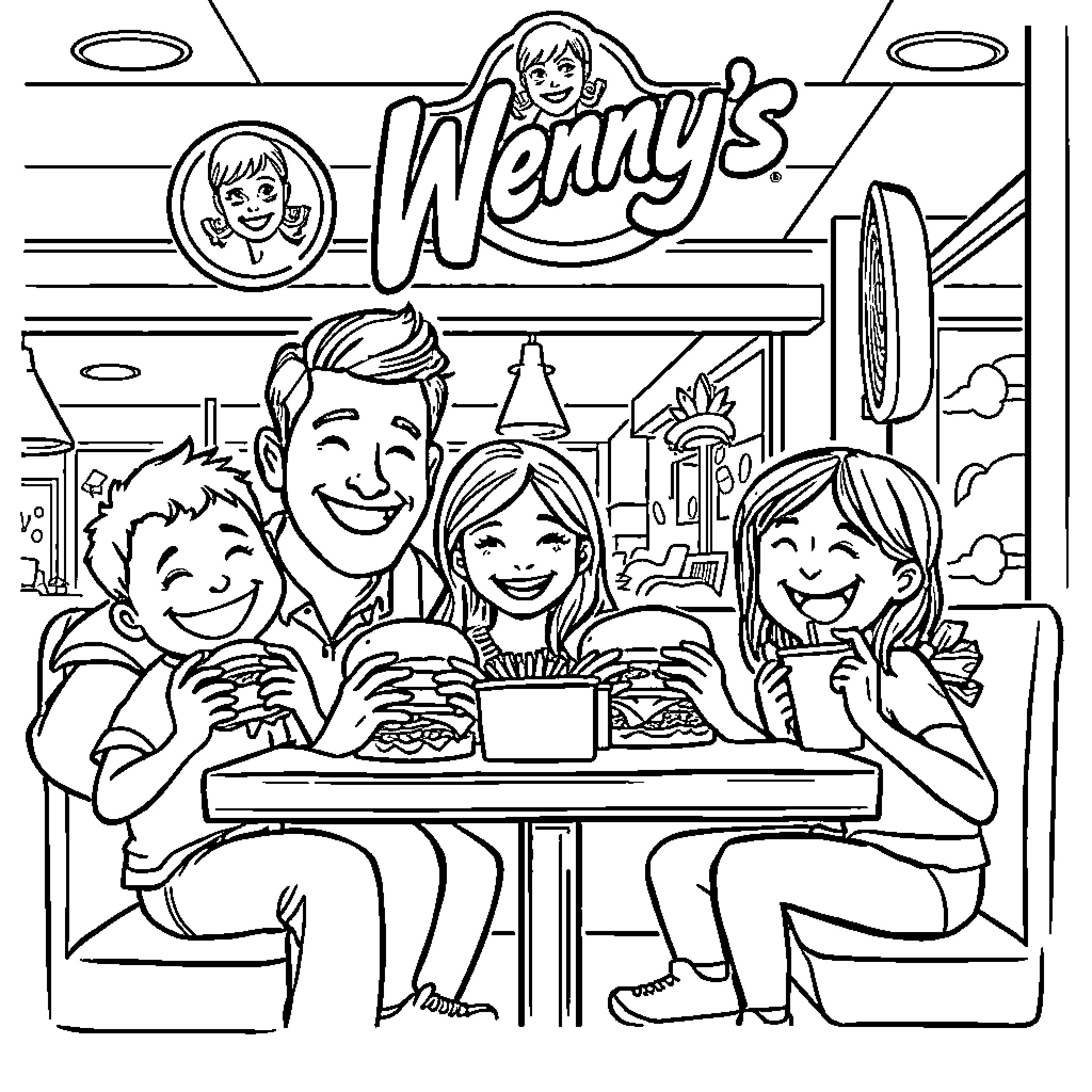 Family Enjoying a Meal at Wendy's Restaurant Coloring Page (free black-and-white line drawing printable PDF for all, from beginners to advanced learners, including children, teens, adults, and seniors)