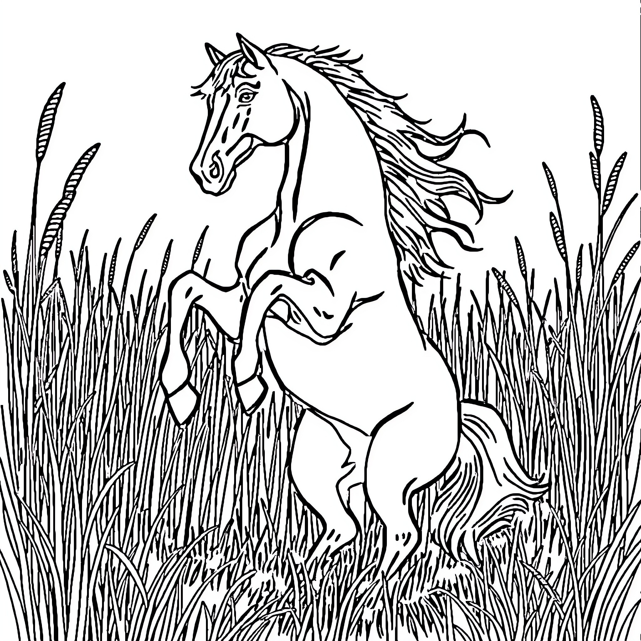 Mustang galloping through lush grassland Coloring Page (free black-and-white line drawing printable PDF for all, from beginners to advanced learners, including children, teens, adults, and seniors)