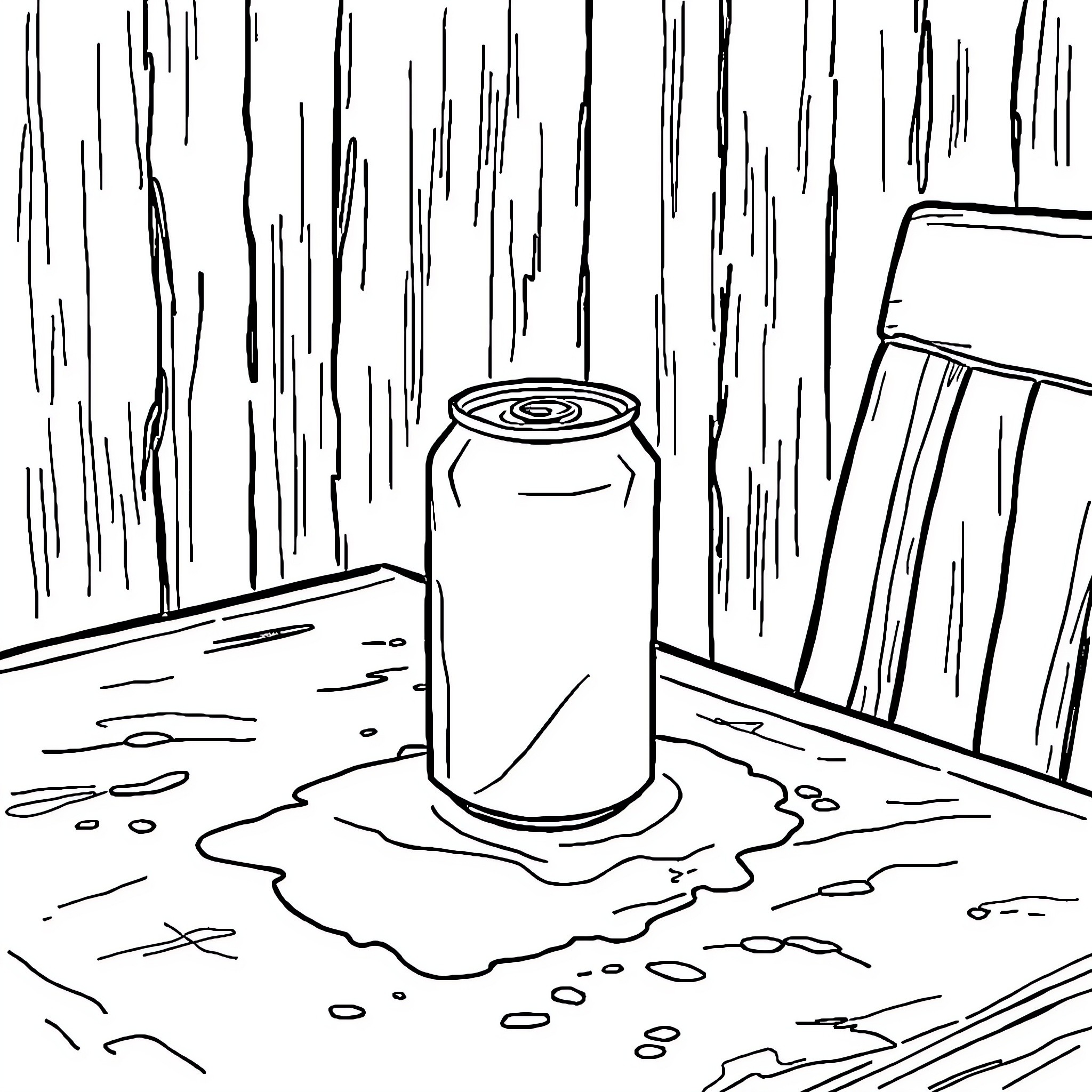 Beer Can Spilled on Wooden Floor Coloring Page (free black-and-white line drawing printable PDF for all, from beginners to advanced learners, including children, teens, adults, and seniors)