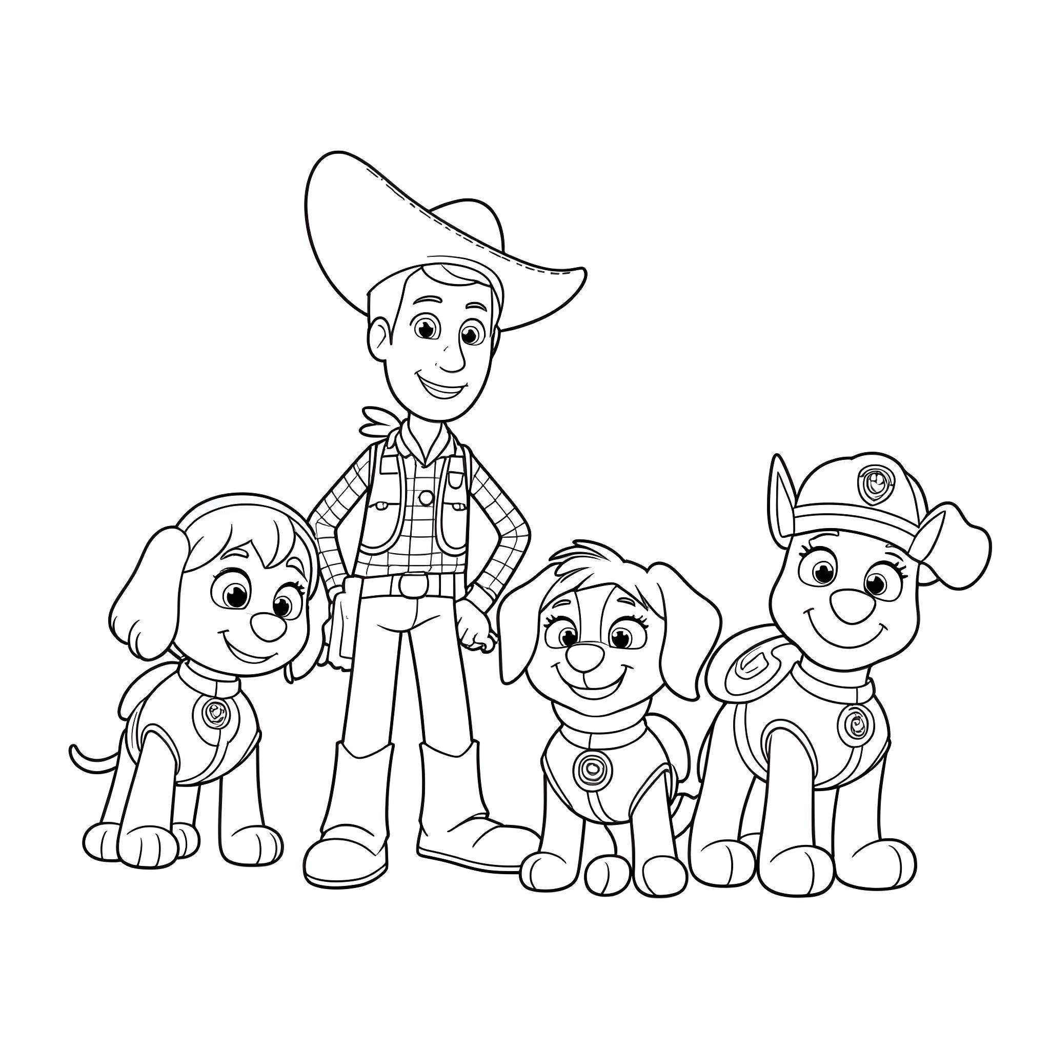 Paw Patrol characters in uniform standing together Coloring Page (free black-and-white line drawing printable PDF for all, from beginners to advanced learners, including children, teens, adults, and seniors)