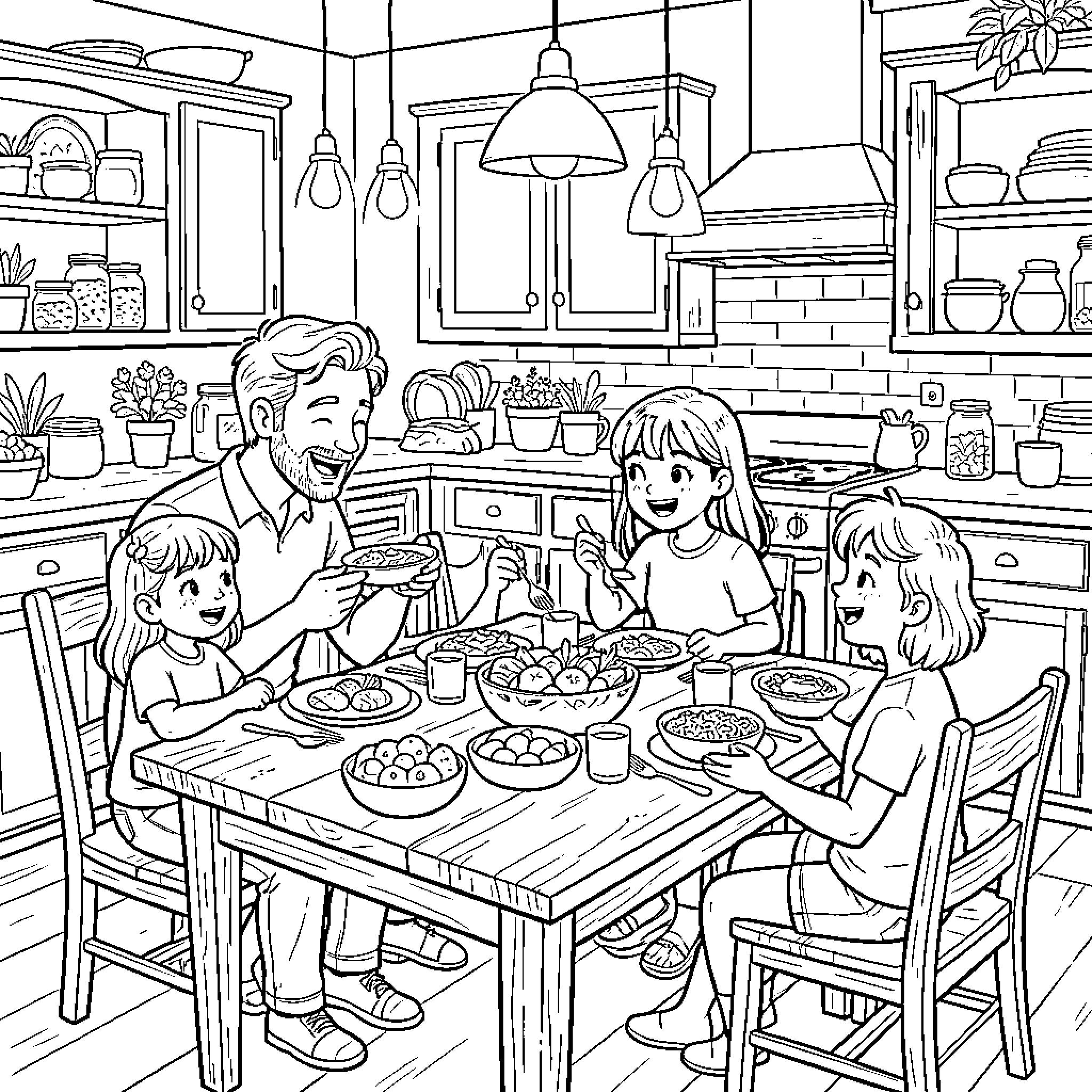 Man and Family Enjoying a Meal Together in the Kitchen Coloring Page (free black-and-white line drawing printable PDF for all, from beginners to advanced learners, including children, teens, adults, and seniors)