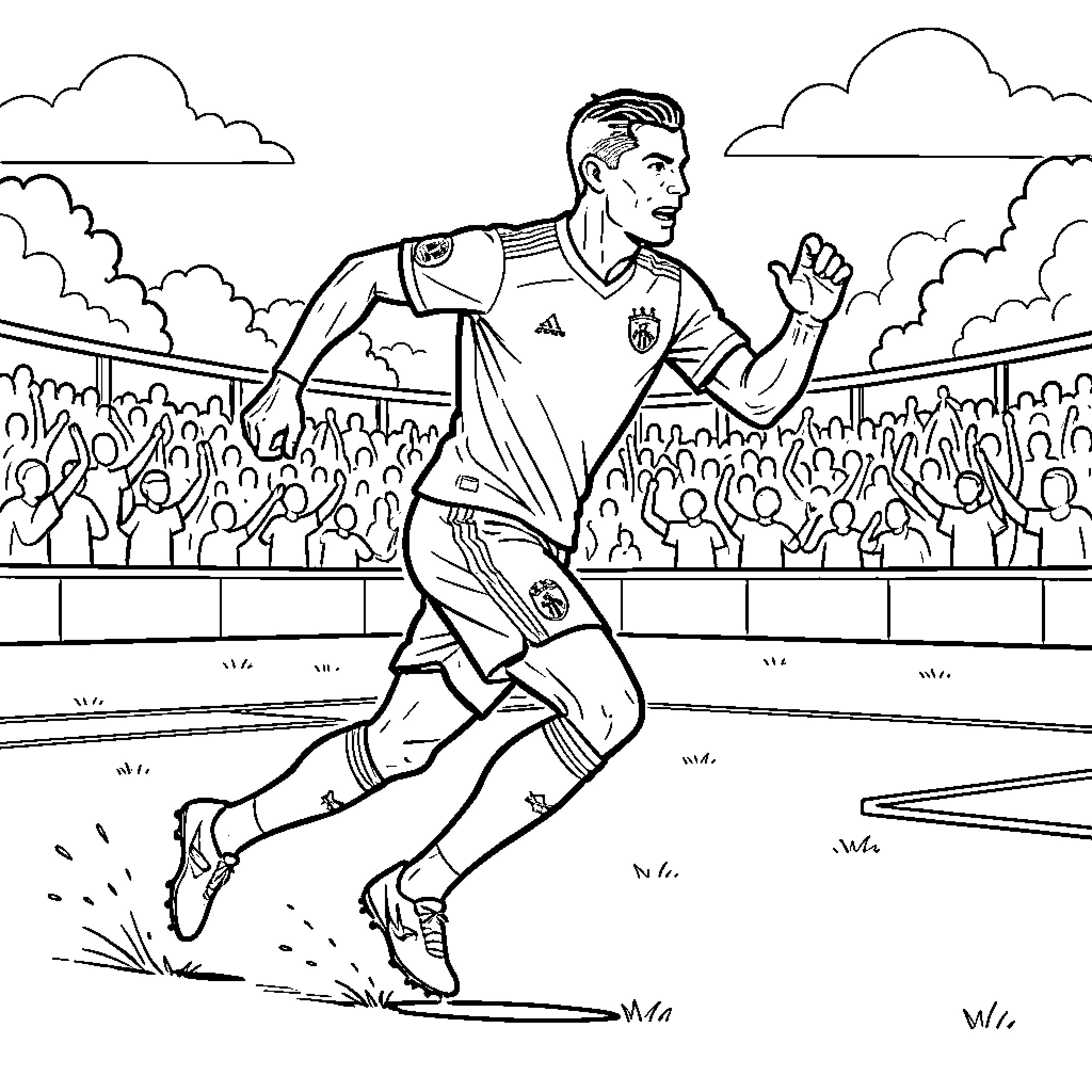 Cristiano Ronaldo running on a soccer field during a match Coloring Page (free black-and-white line drawing printable PDF for all, from beginners to advanced learners, including children, teens, adults, and seniors)