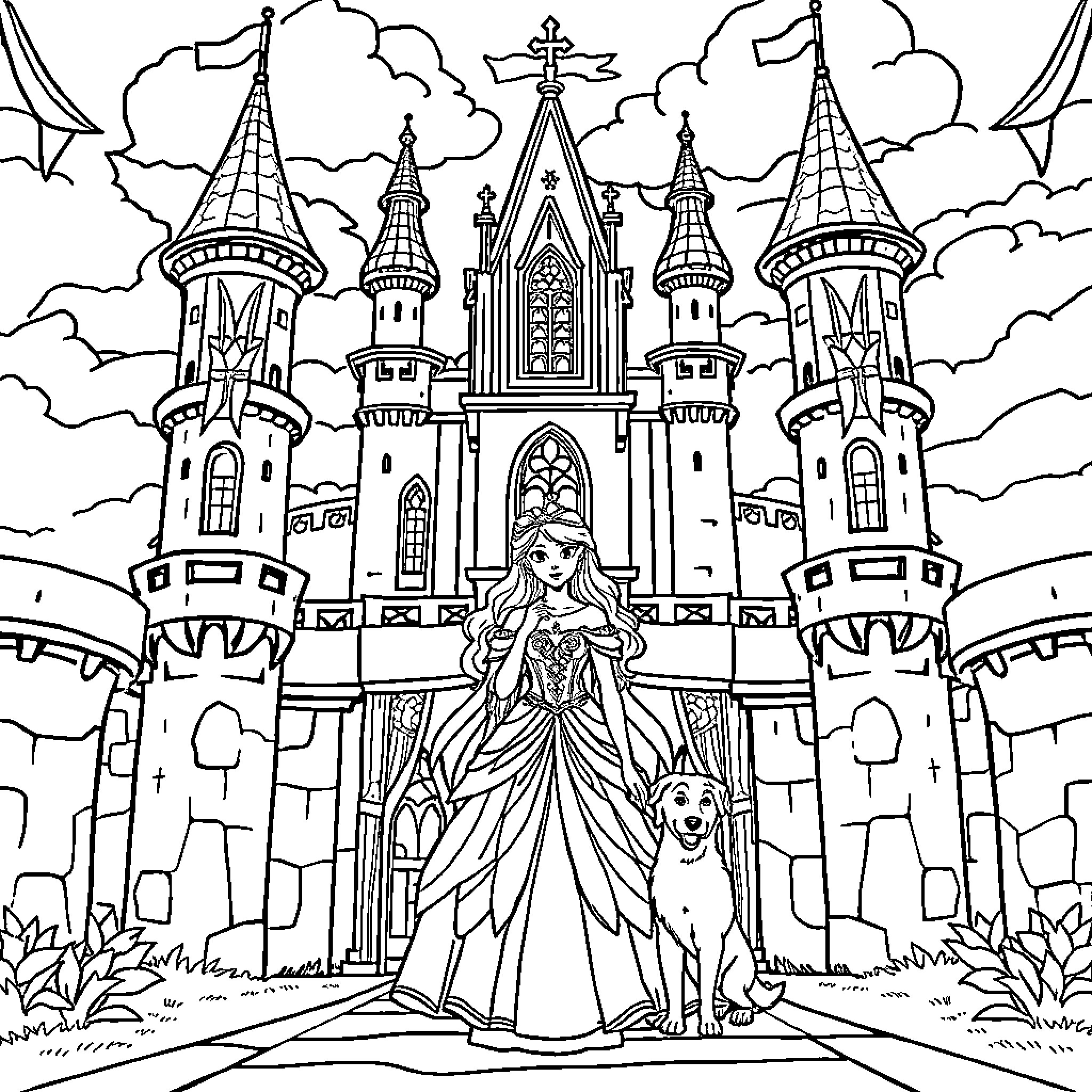 Princess in Majestic Castle with Towers Coloring Page (free black-and-white line drawing printable PDF for all, from beginners to advanced learners, including children, teens, adults, and seniors)