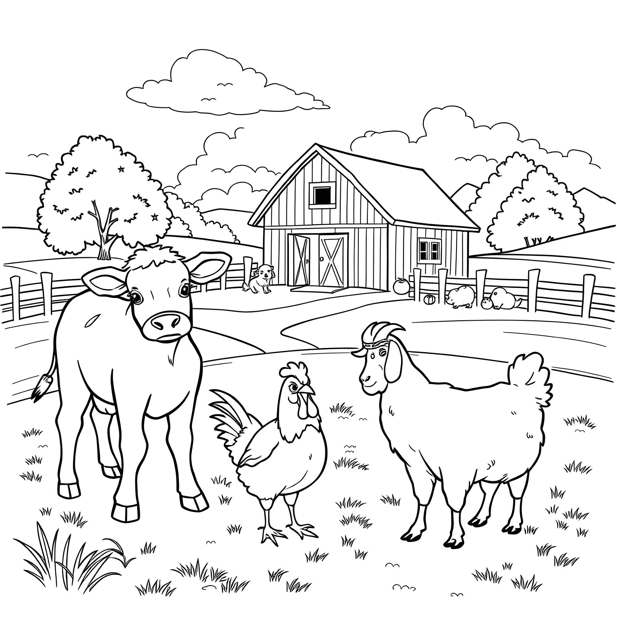 Farm Animal Scene with Barn and Livestock Coloring Page (free black-and-white line drawing printable PDF for all, from beginners to advanced learners, including children, teens, adults, and seniors)