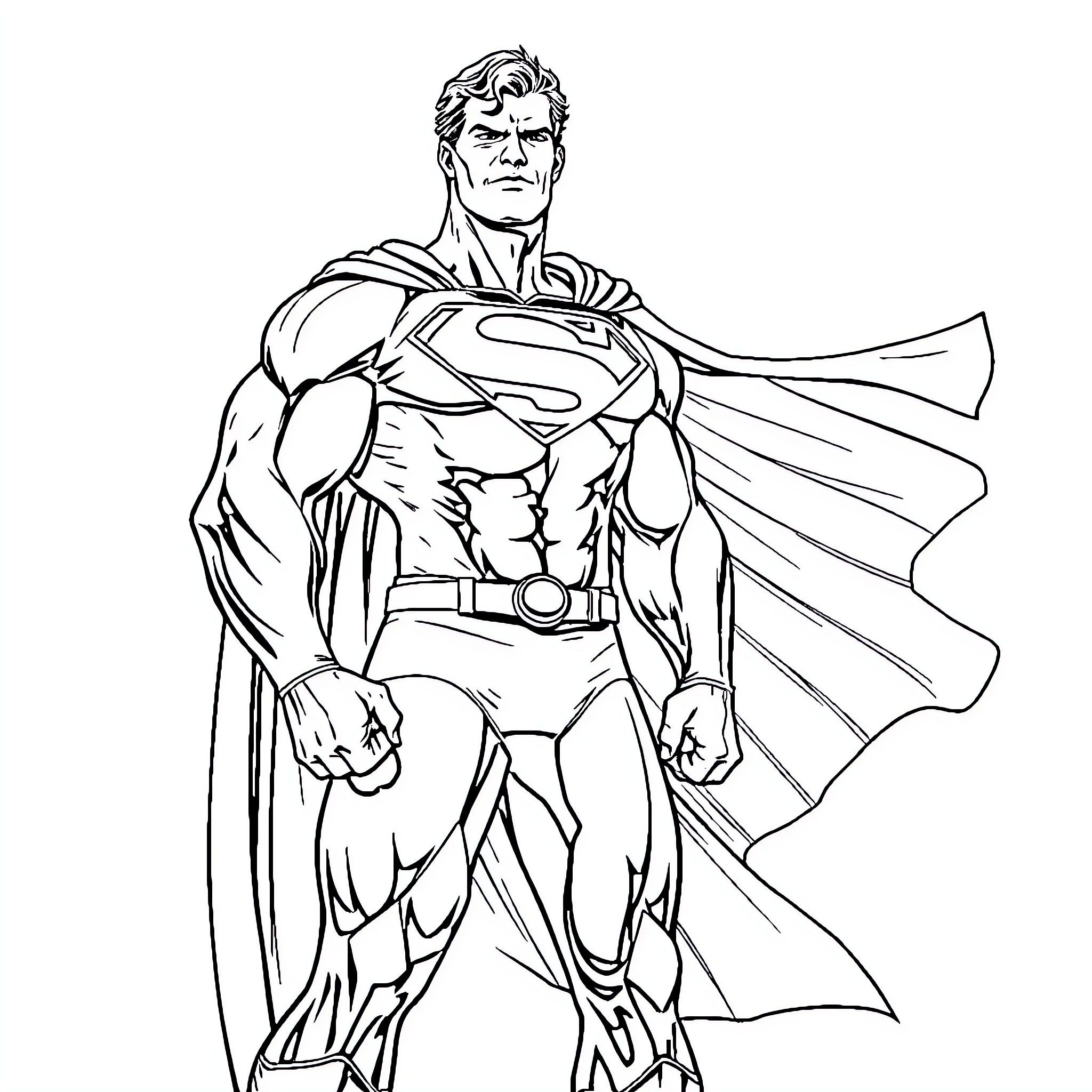 Superman heroically standing in classic pose Coloring Page (free black-and-white line drawing printable PDF for all, from beginners to advanced learners, including children, teens, adults, and seniors)