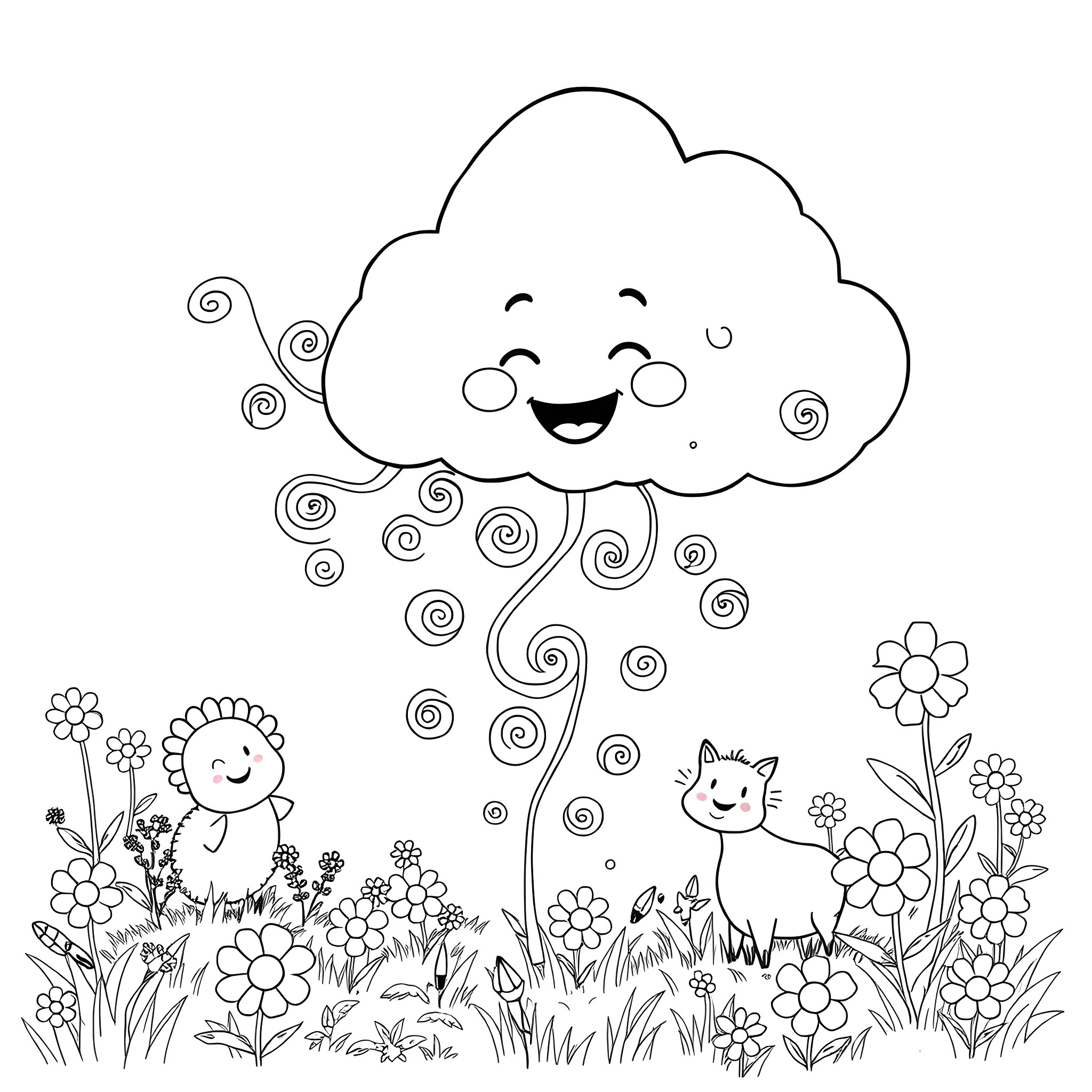 Poop cloud and happy animals in flower garden Coloring Page (free black-and-white line drawing printable PDF for all, from beginners to advanced learners, including children, teens, adults, and seniors)