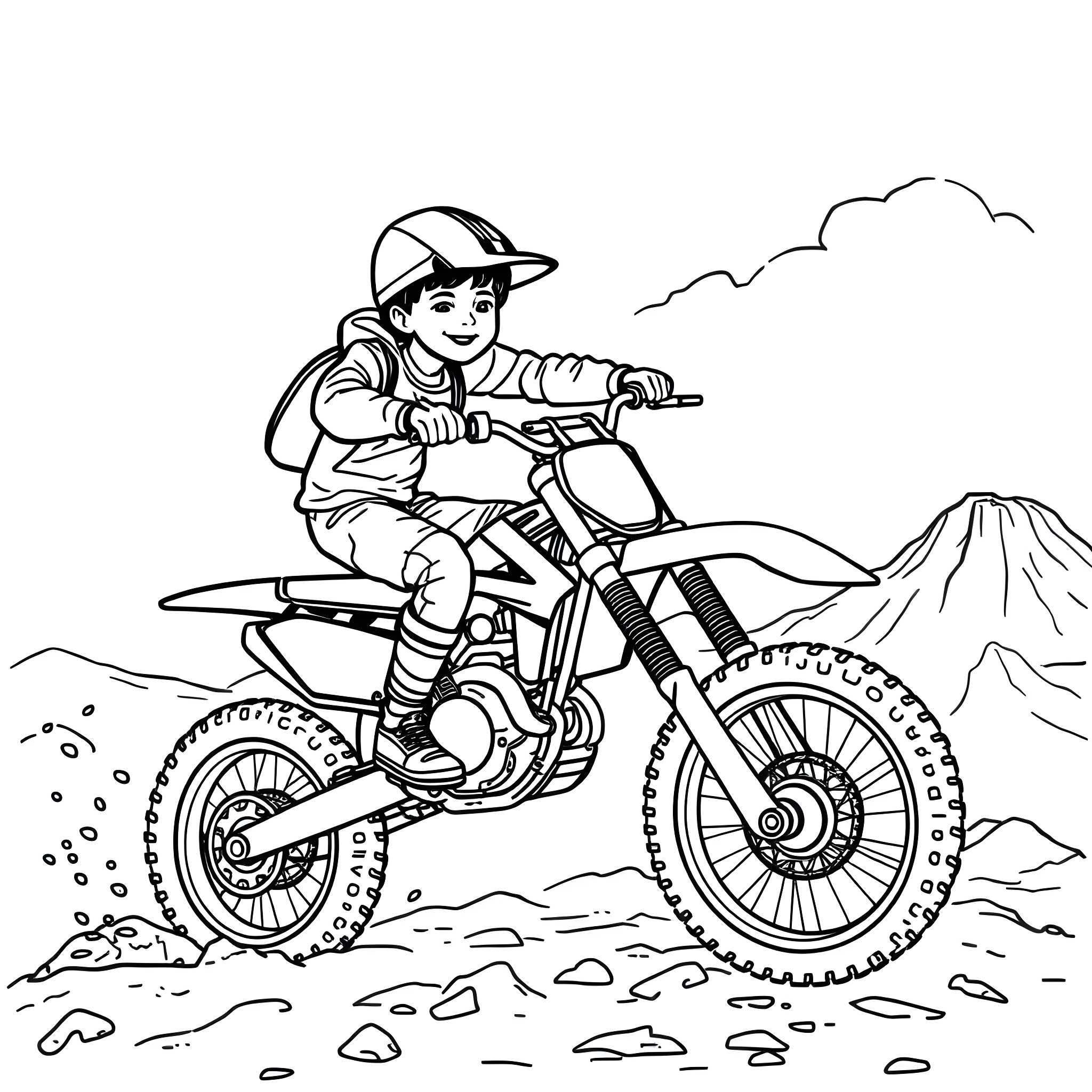 Boy riding dirt bike on rocky terrain Coloring Page (free black-and-white line drawing printable PDF for all, from beginners to advanced learners, including children, teens, adults, and seniors)