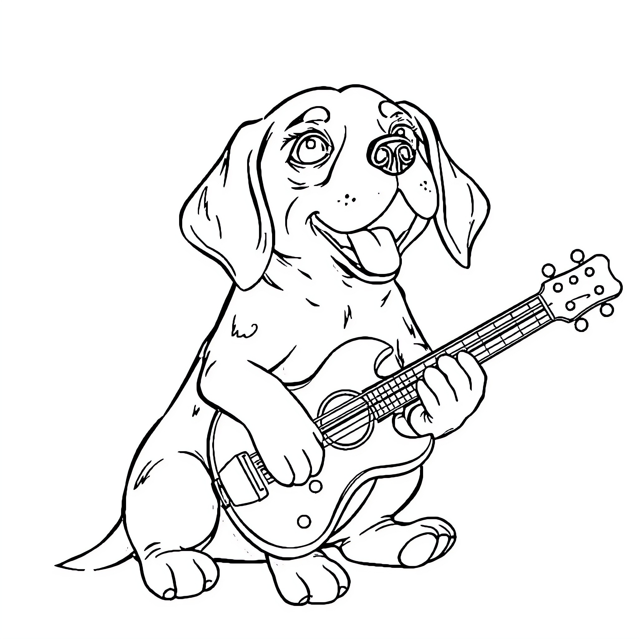 Beagle playing guitar with a cheerful expression Coloring Page (free black-and-white line drawing printable PDF for all, from beginners to advanced learners, including children, teens, adults, and seniors)