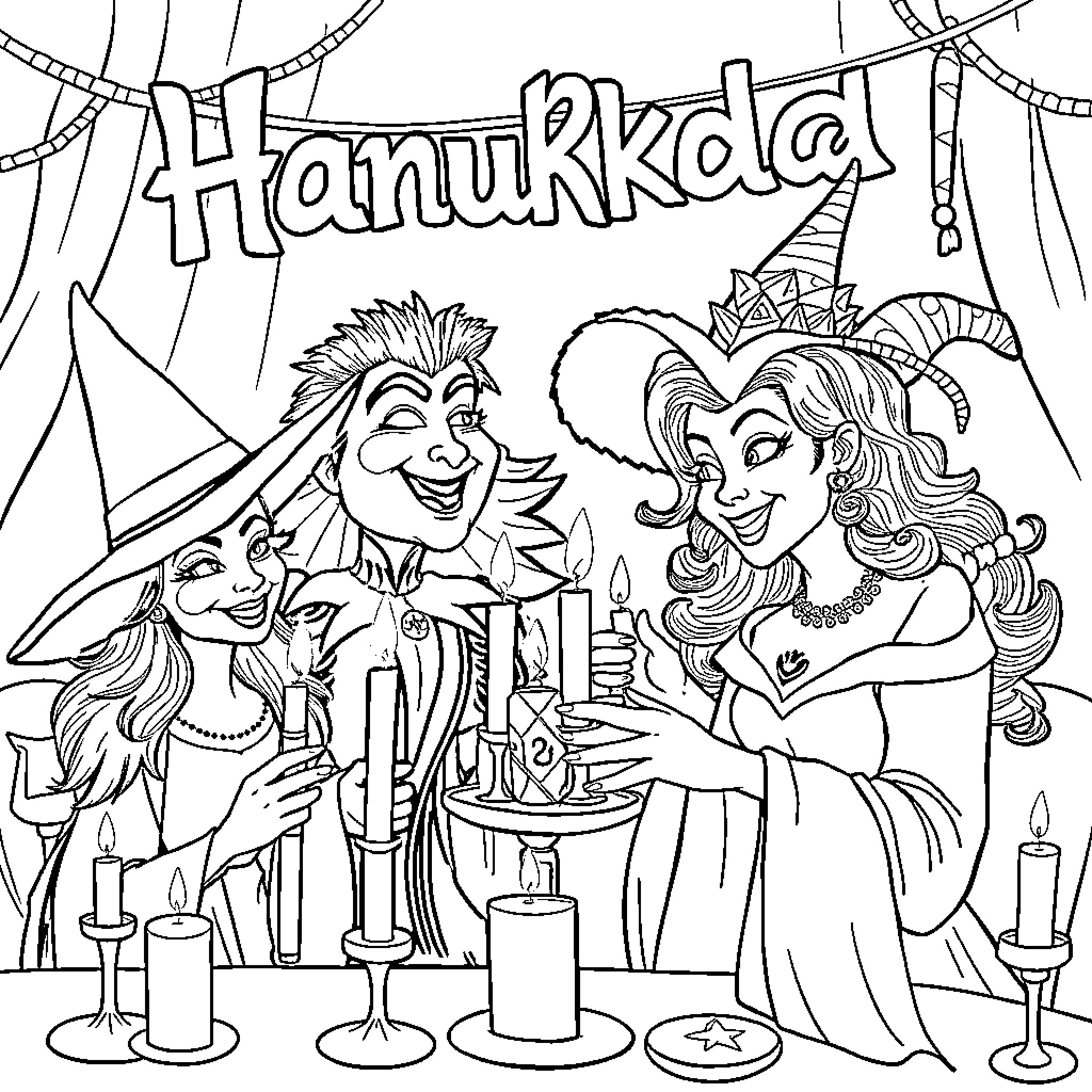 Wicked Characters Attending a Festive Celebration Coloring Page (free black-and-white line drawing printable PDF for all, from beginners to advanced learners, including children, teens, adults, and seniors)