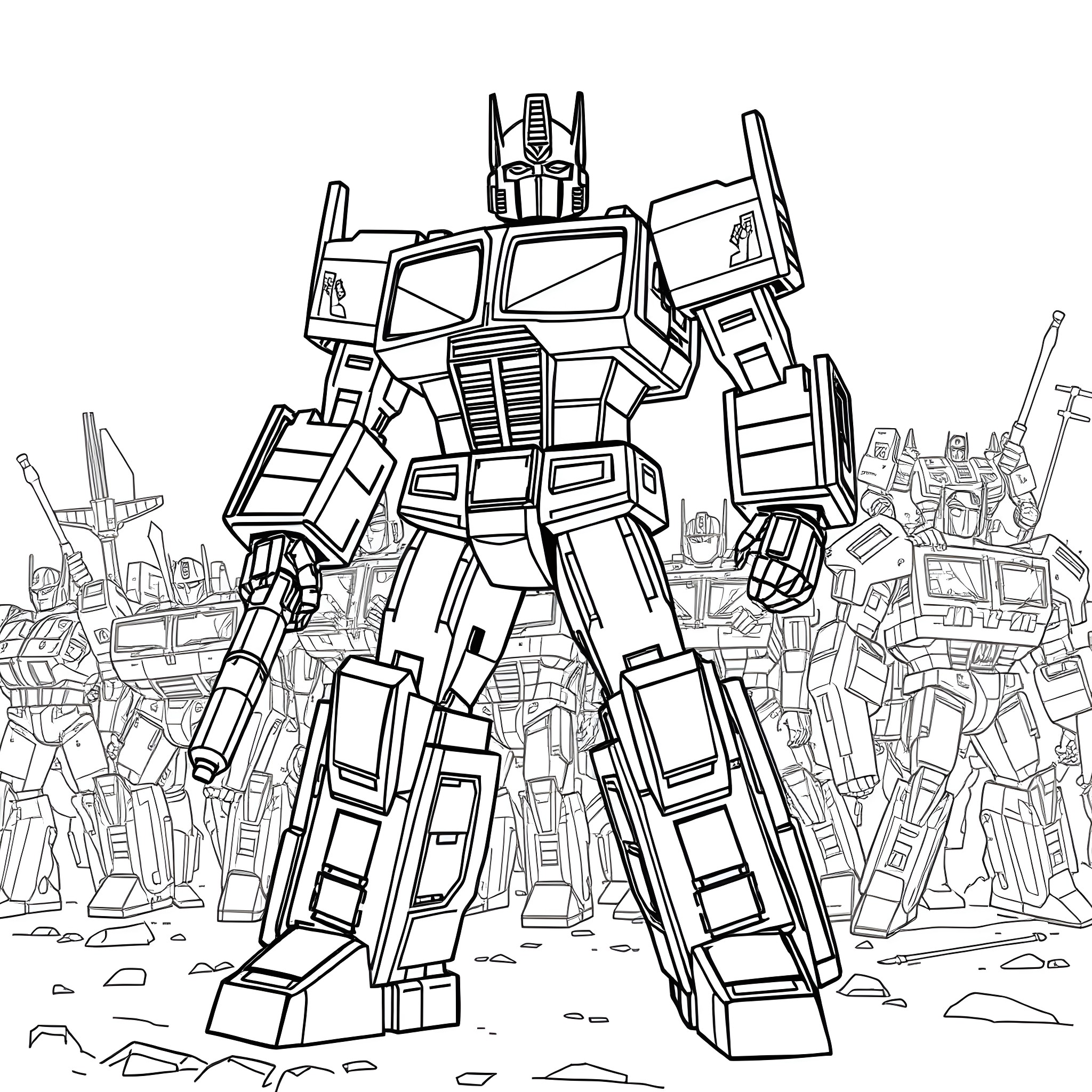 Optimus Prime leading the Autobots against the Decepticons Coloring Page (free black-and-white line drawing printable PDF for all, from beginners to advanced learners, including children, teens, adults, and seniors)