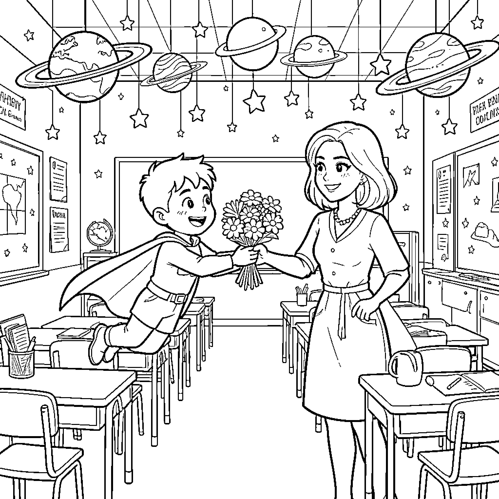 Super Hero boy flying to give flowers to teacher Coloring Page (free black-and-white line drawing printable PDF for all, from beginners to advanced learners, including children, teens, adults, and seniors)