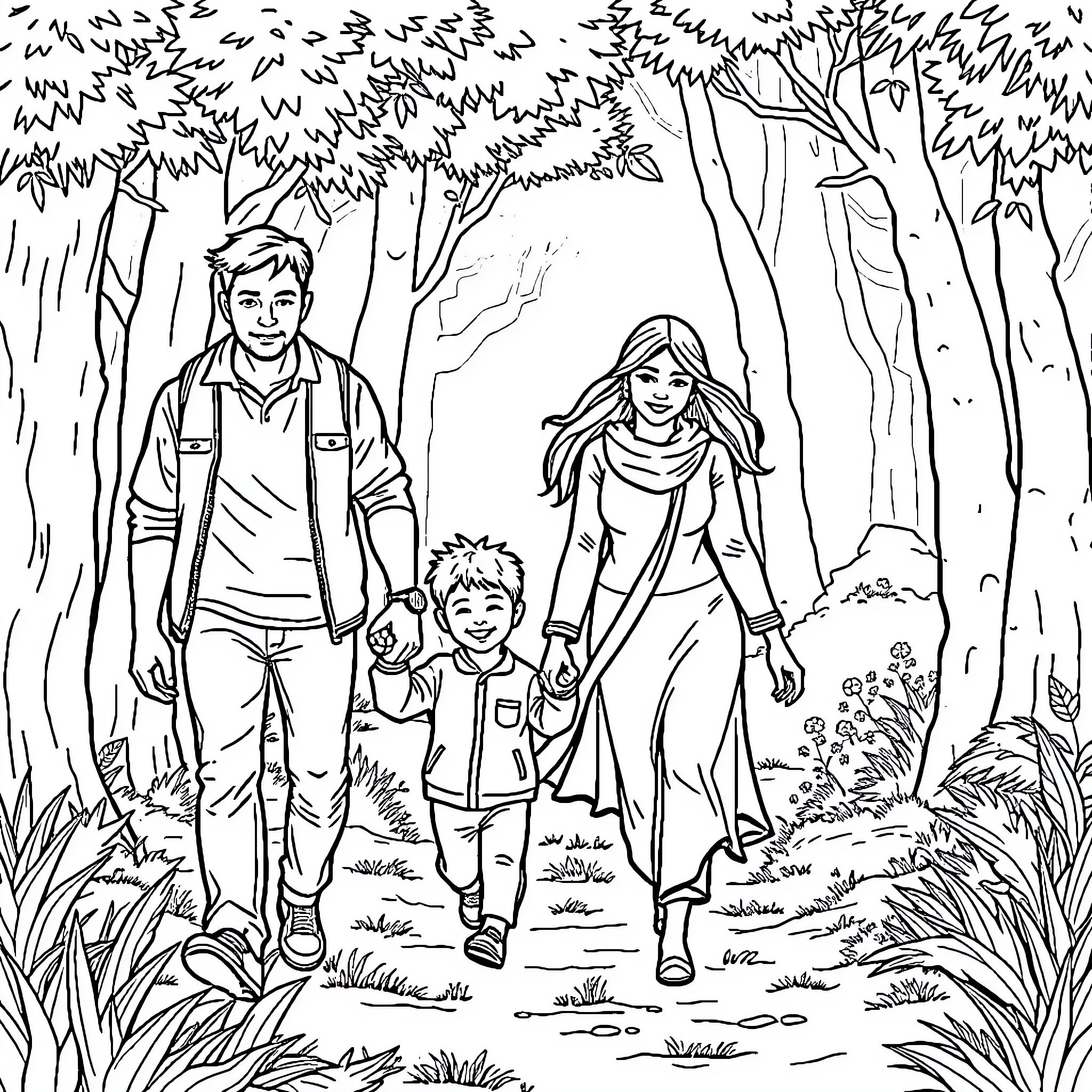 Family Hiking Together in the Lush Forest Coloring Page (free black-and-white line drawing printable PDF for all, from beginners to advanced learners, including children, teens, adults, and seniors)
