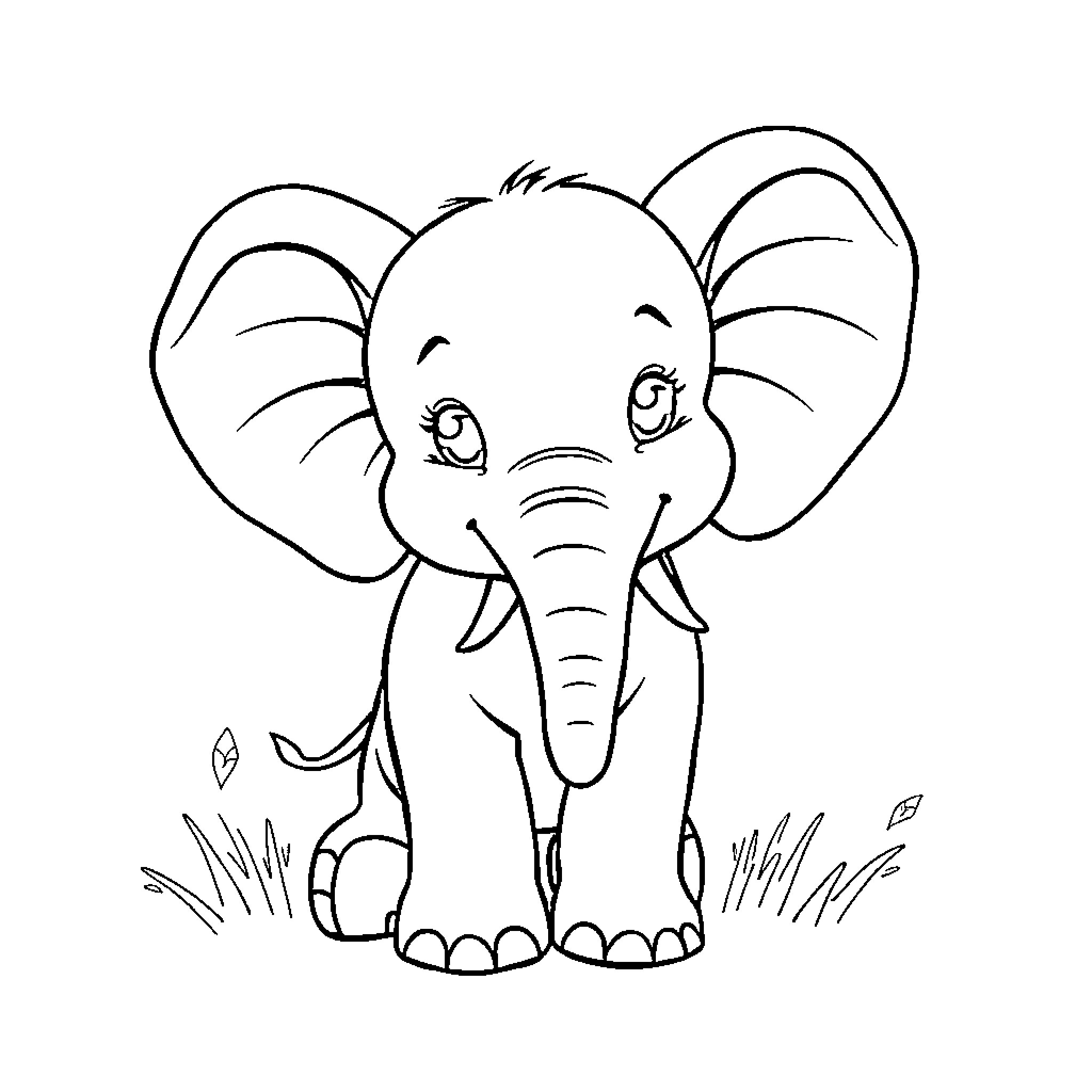 Elephant sitting calmly in the grass Coloring Page (free black-and-white line drawing printable PDF for all, from beginners to advanced learners, including children, teens, adults, and seniors)