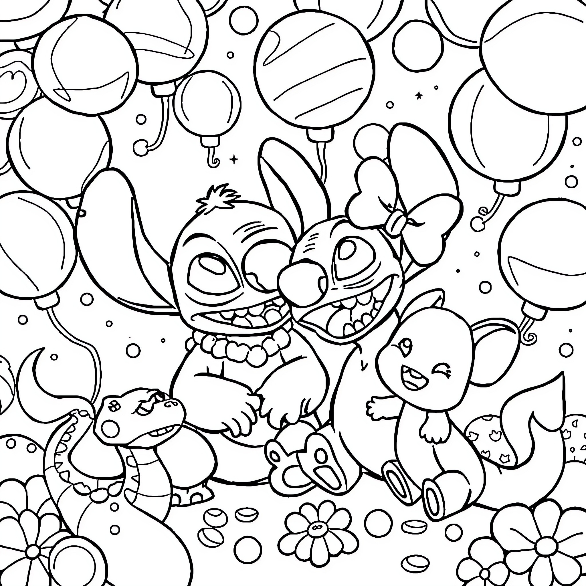Lilo and Stitch playing with friends in a colorful scene Coloring Page (free black-and-white line drawing printable PDF for all, from beginners to advanced learners, including children, teens, adults, and seniors)