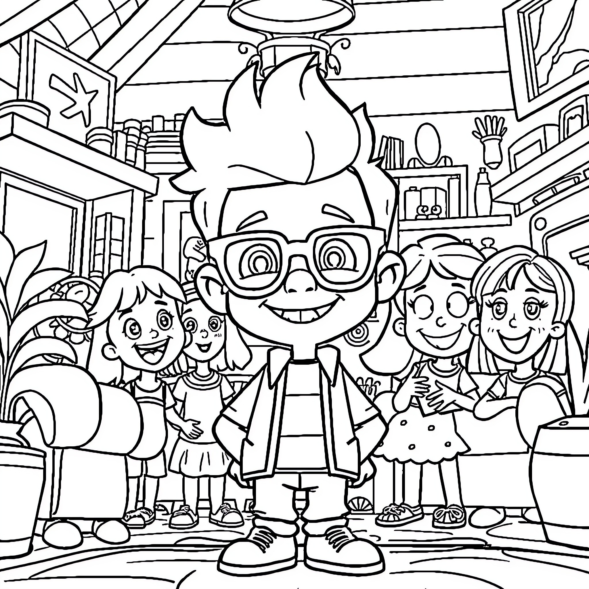 Lincoln and his friends in a whimsical scene Coloring Page (free black-and-white line drawing printable PDF for all, from beginners to advanced learners, including children, teens, adults, and seniors)