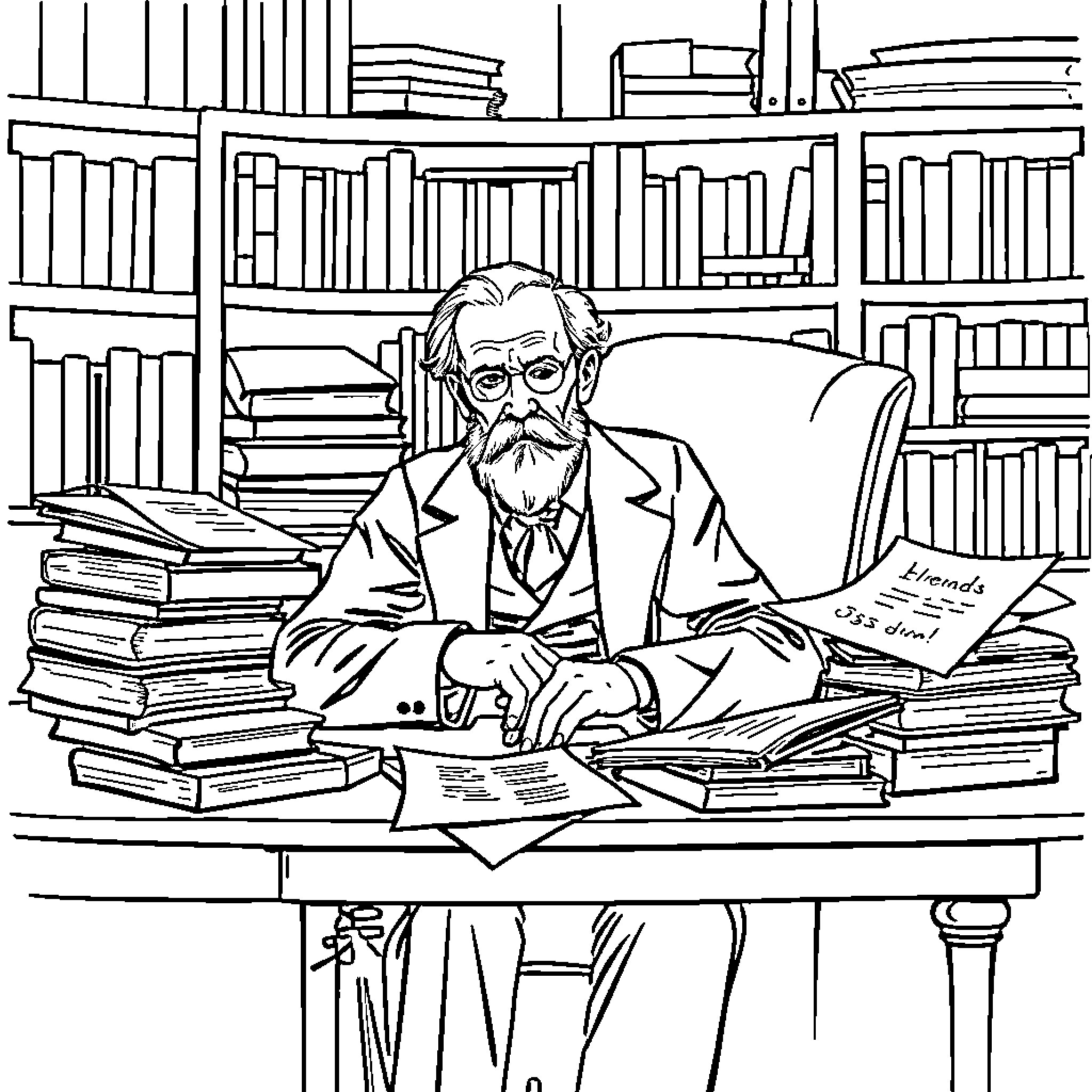 Sigmund Freud in a Scholarly Setting Coloring Page (free black-and-white line drawing printable PDF for all, from beginners to advanced learners, including children, teens, adults, and seniors)