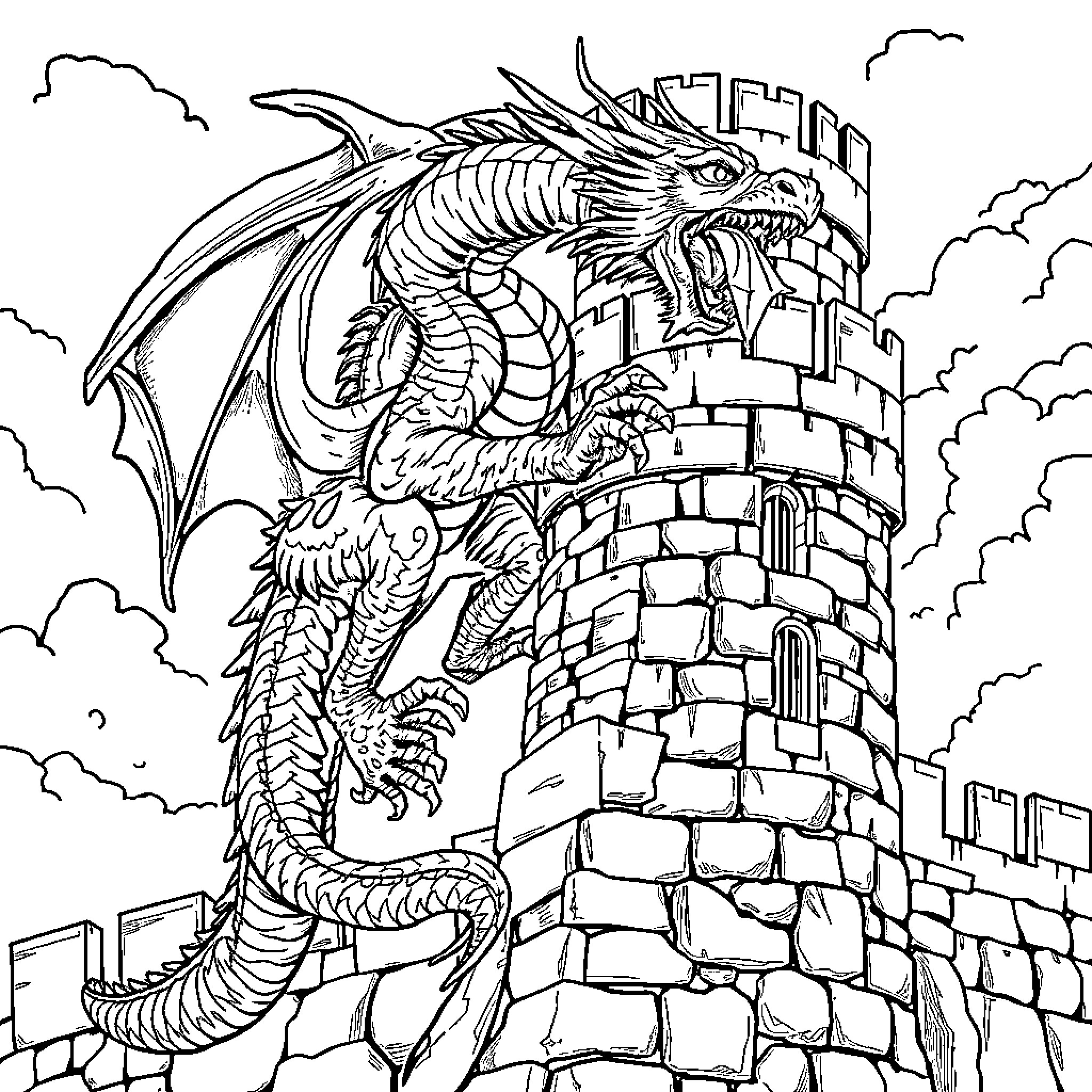 Dragon guarding the mighty castle tower Coloring Page (free black-and-white line drawing printable PDF for all, from beginners to advanced learners, including children, teens, adults, and seniors)