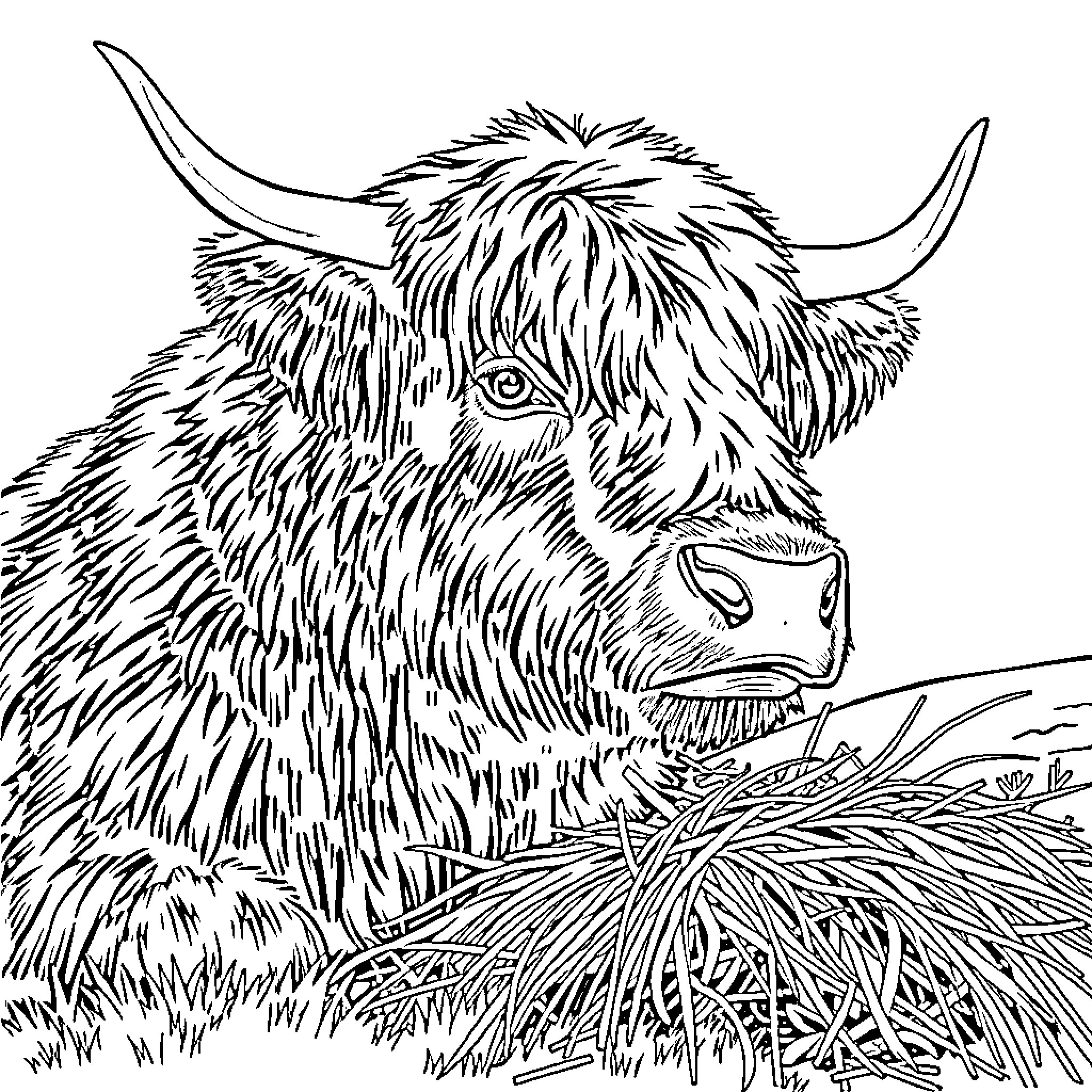 Highland Cow resting in the meadow Coloring Page (free black-and-white line drawing printable PDF for all, from beginners to advanced learners, including children, teens, adults, and seniors)