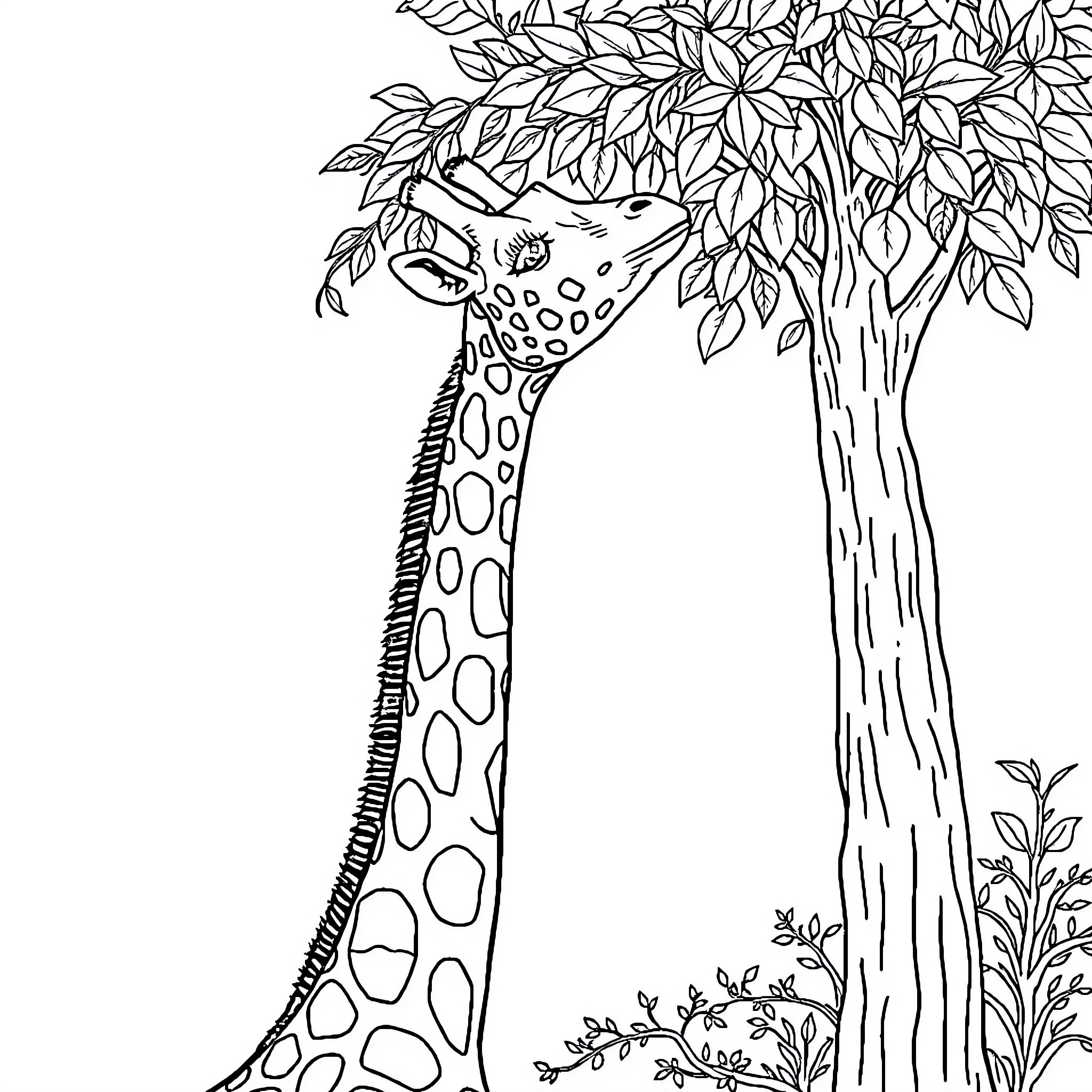 Giraffe peacefully resting in lush foliage Coloring Page (free black-and-white line drawing printable PDF for all, from beginners to advanced learners, including children, teens, adults, and seniors)