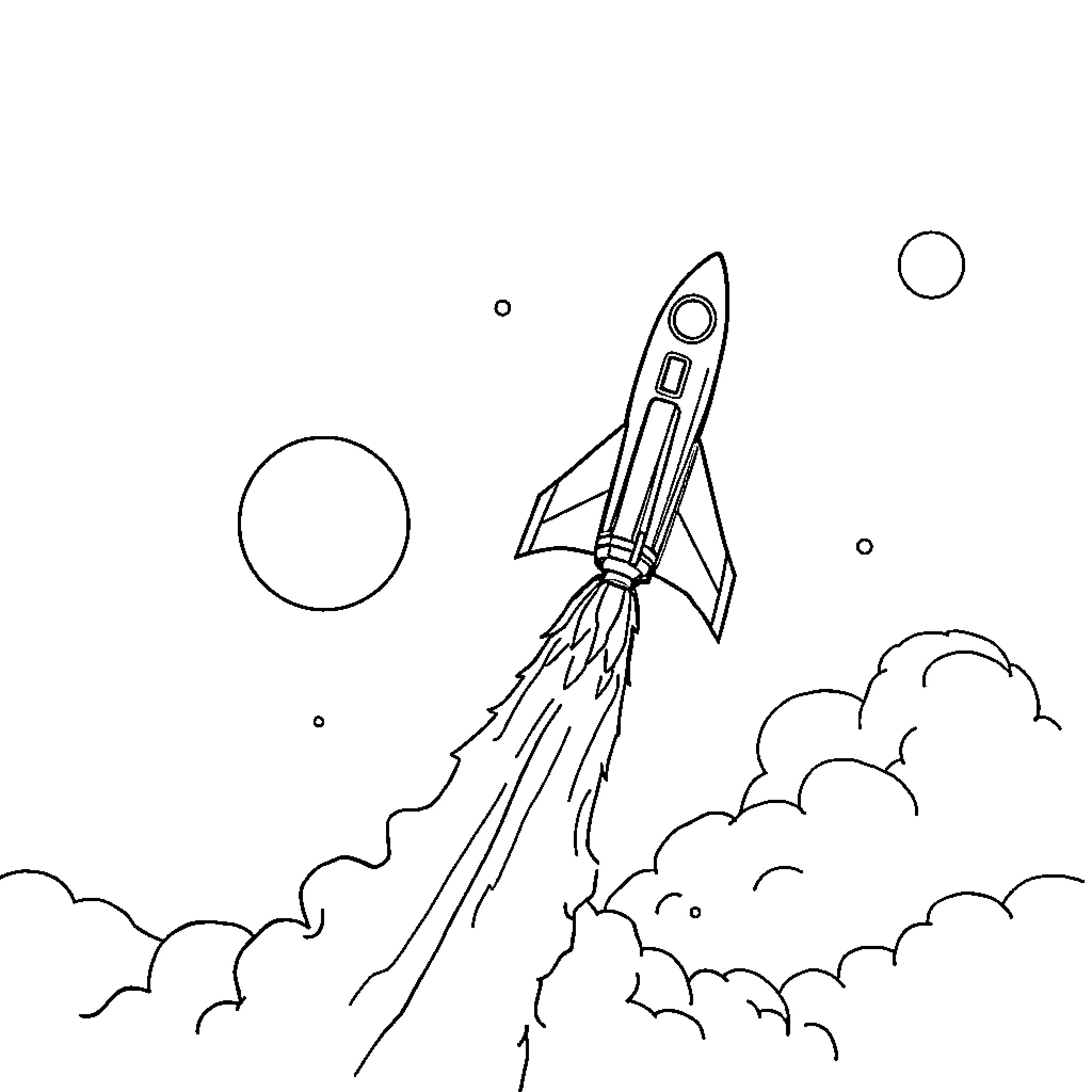 Spaceship launching into the cosmic sky Coloring Page (free black-and-white line drawing printable PDF for all, from beginners to advanced learners, including children, teens, adults, and seniors)