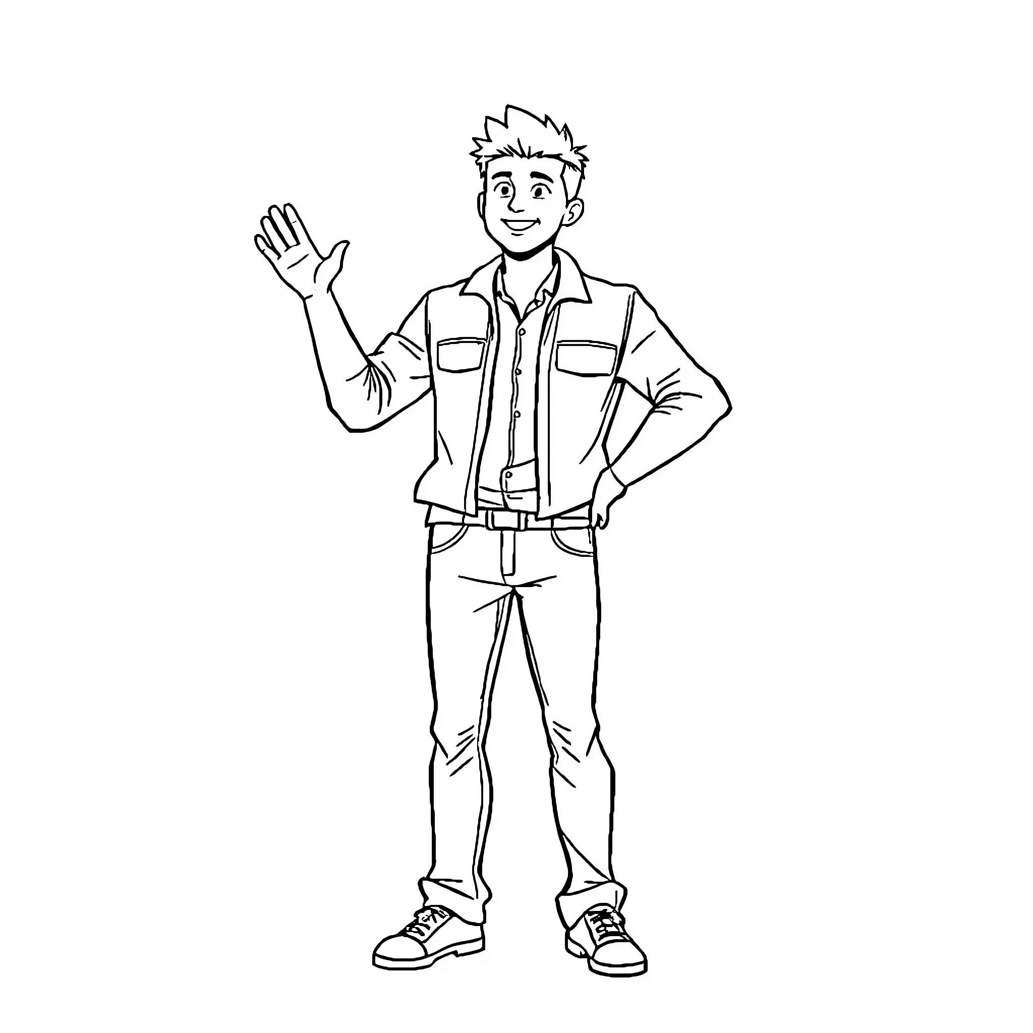 You Waving Happily in Casual Outfit Coloring Page (free black-and-white line drawing printable PDF for all, from beginners to advanced learners, including children, teens, adults, and seniors)