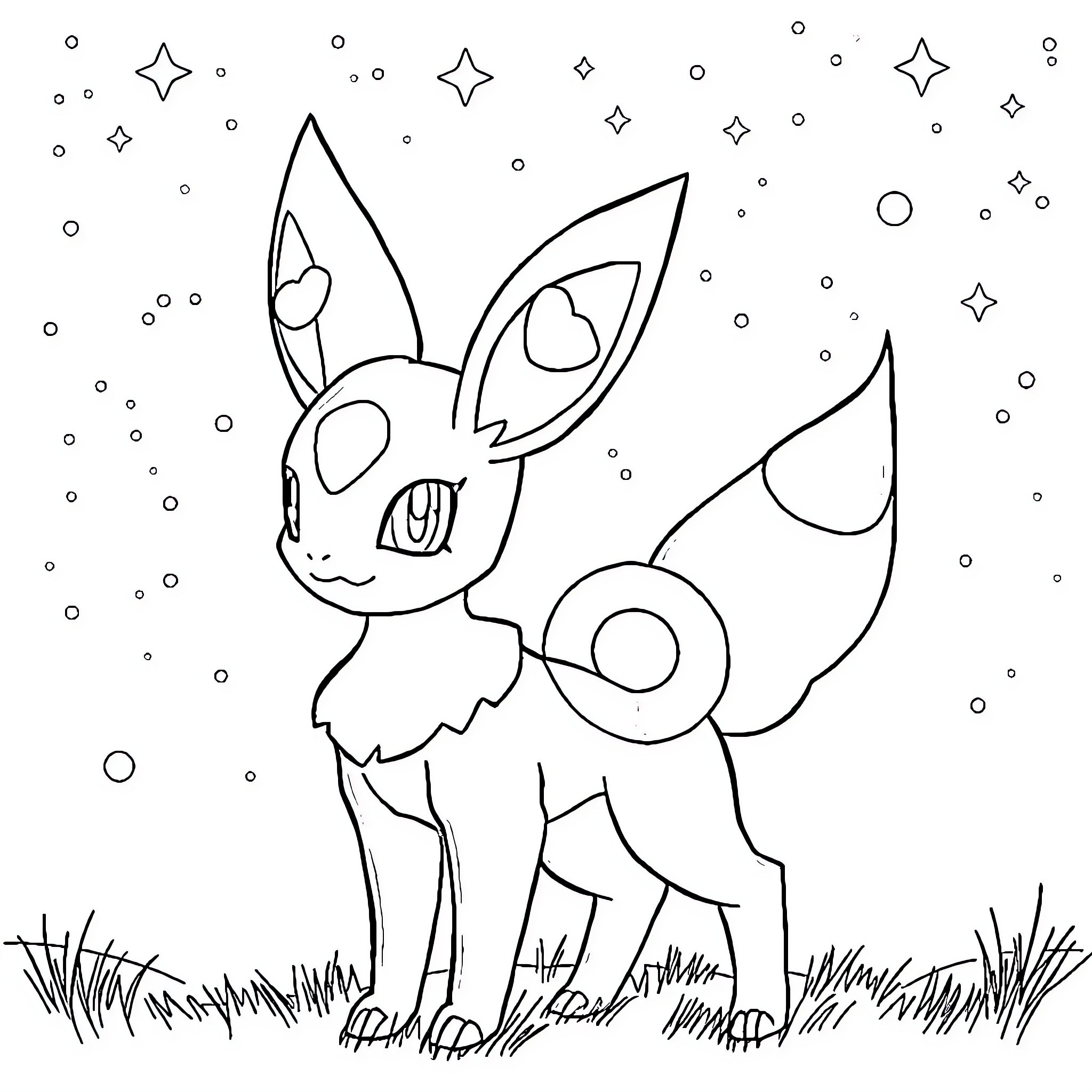 Umbreon playfully gazing at the night sky Coloring Page (free black-and-white line drawing printable PDF for all, from beginners to advanced learners, including children, teens, adults, and seniors)