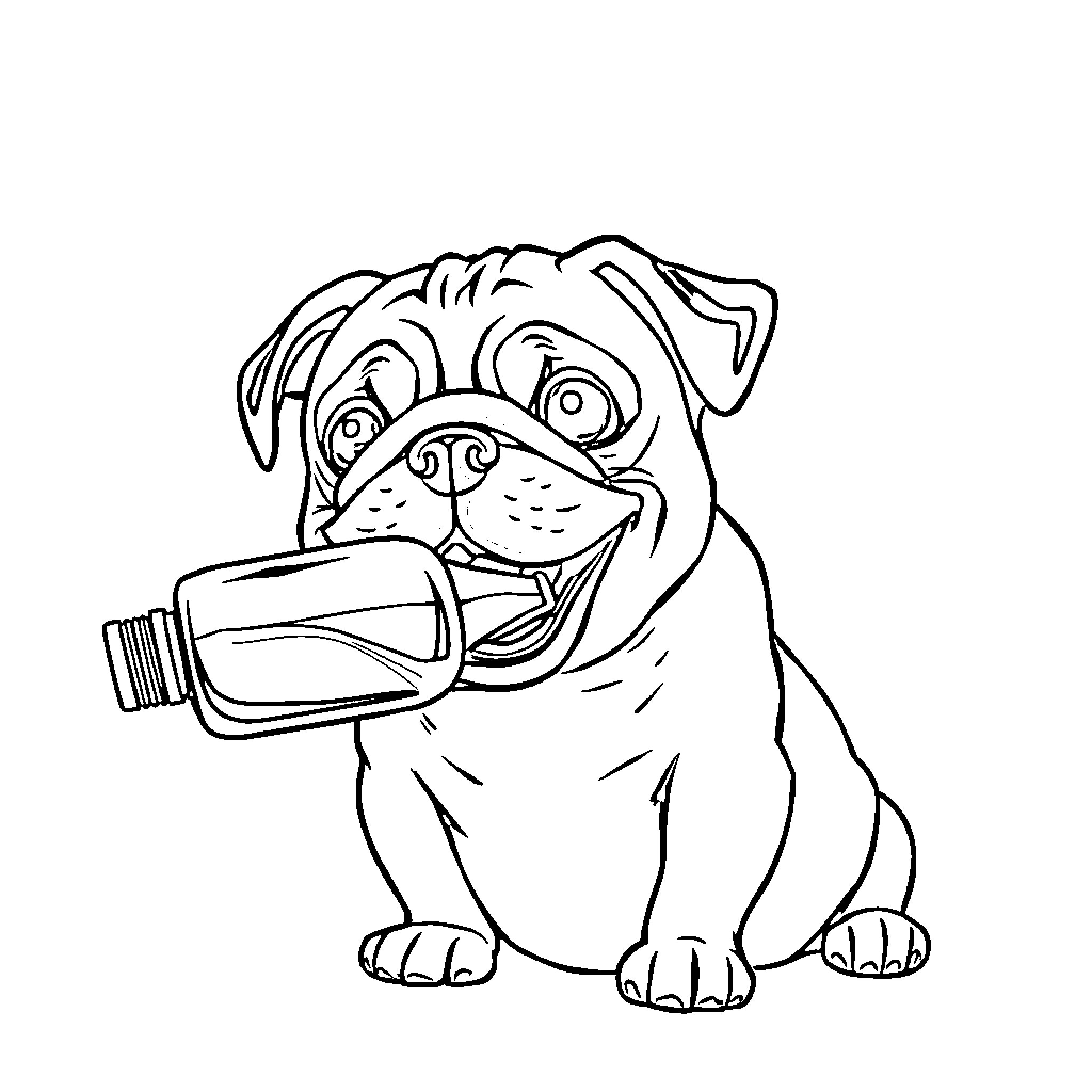 Pug enjoying a beverage Coloring Page (free black-and-white line drawing printable PDF for all, from beginners to advanced learners, including children, teens, adults, and seniors)