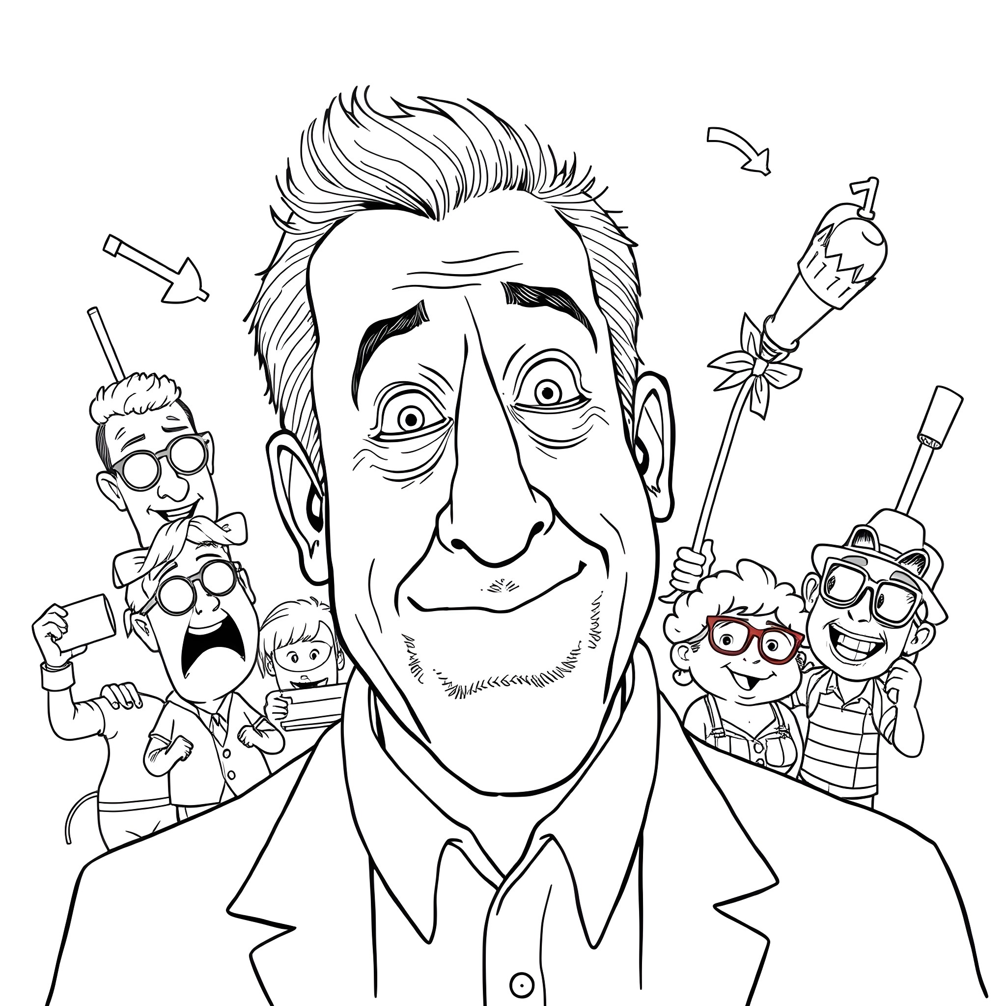 Adam Sandler surrounded by whimsical characters in a comical scene Coloring Page (free black-and-white line drawing printable PDF for all, from beginners to advanced learners, including children, teens, adults, and seniors)