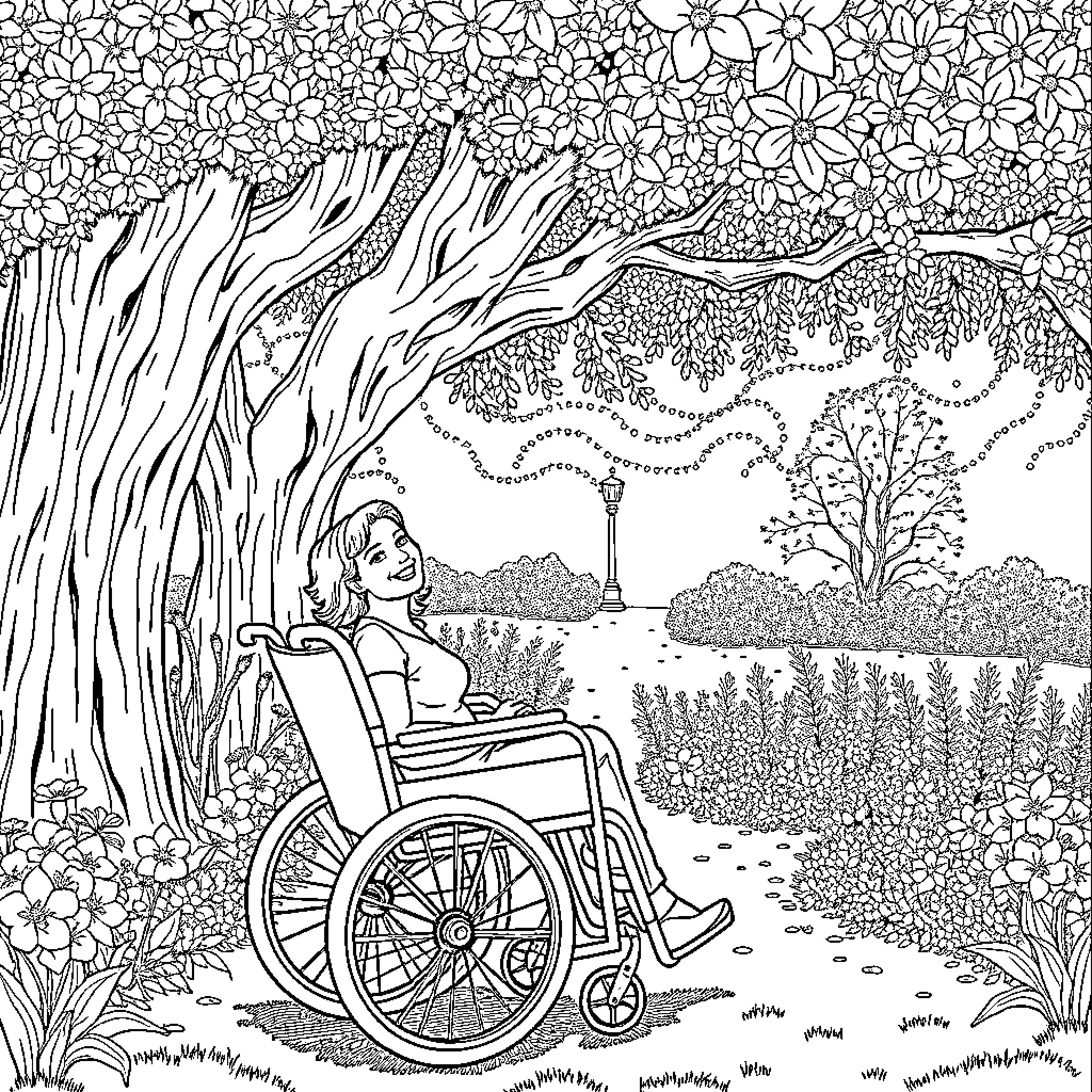 Personne en fauteuil roulant dans un jardin fleuri Coloring Page (free black-and-white line drawing printable PDF for all, from beginners to advanced learners, including children, teens, adults, and seniors)