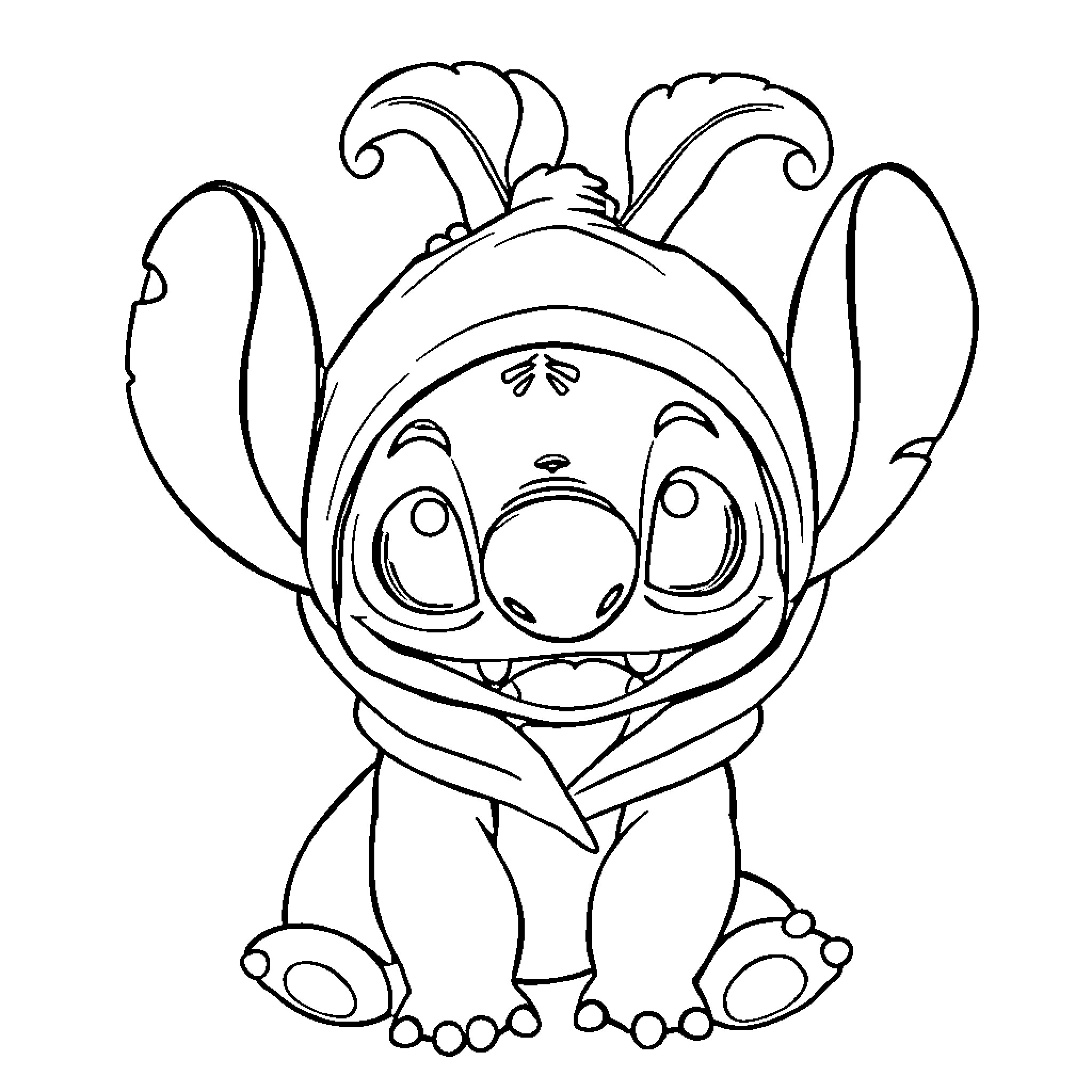 Stitch making a funny face in a playful pose Coloring Page (free black-and-white line drawing printable PDF for all, from beginners to advanced learners, including children, teens, adults, and seniors)