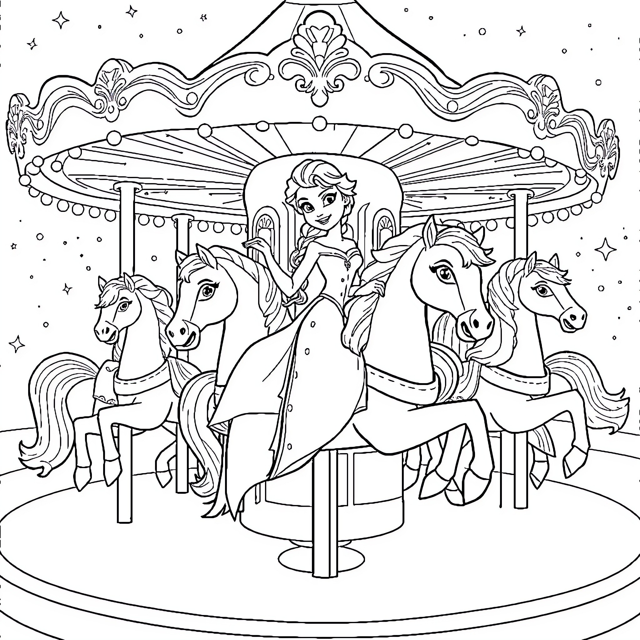 Elsa enjoying a whimsical carousel ride with horses Coloring Page (free black-and-white line drawing printable PDF for all, from beginners to advanced learners, including children, teens, adults, and seniors)