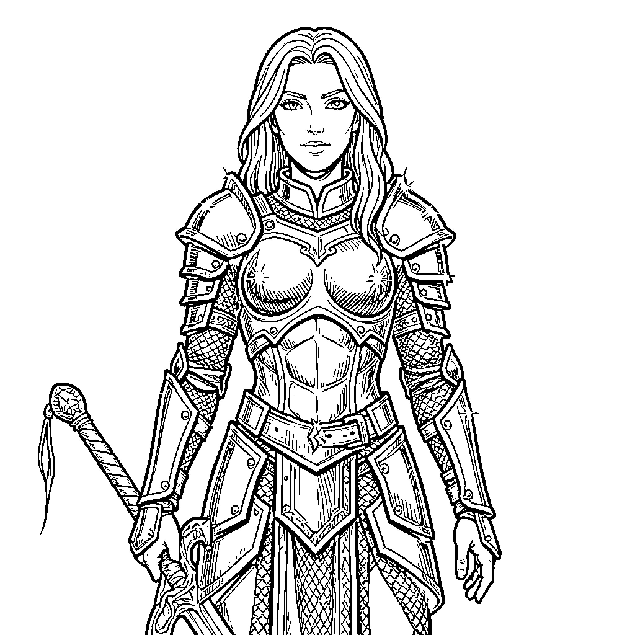 Warrior Maiden in Ornate Armored Attire Coloring Page (free black-and-white line drawing printable PDF for all, from beginners to advanced learners, including children, teens, adults, and seniors)