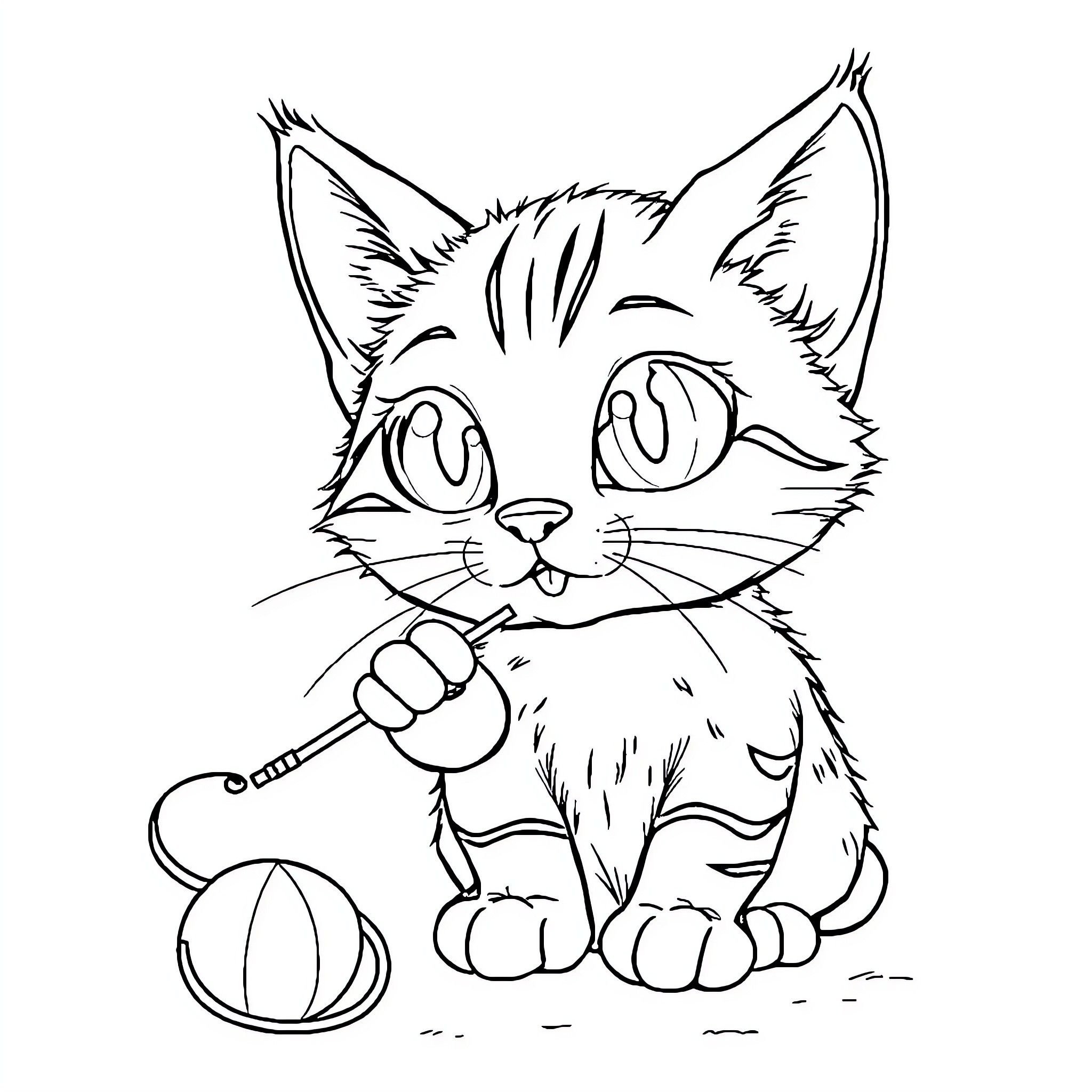 Cat playing with ball and toy Coloring Page (free black-and-white line drawing printable PDF for all, from beginners to advanced learners, including children, teens, adults, and seniors)