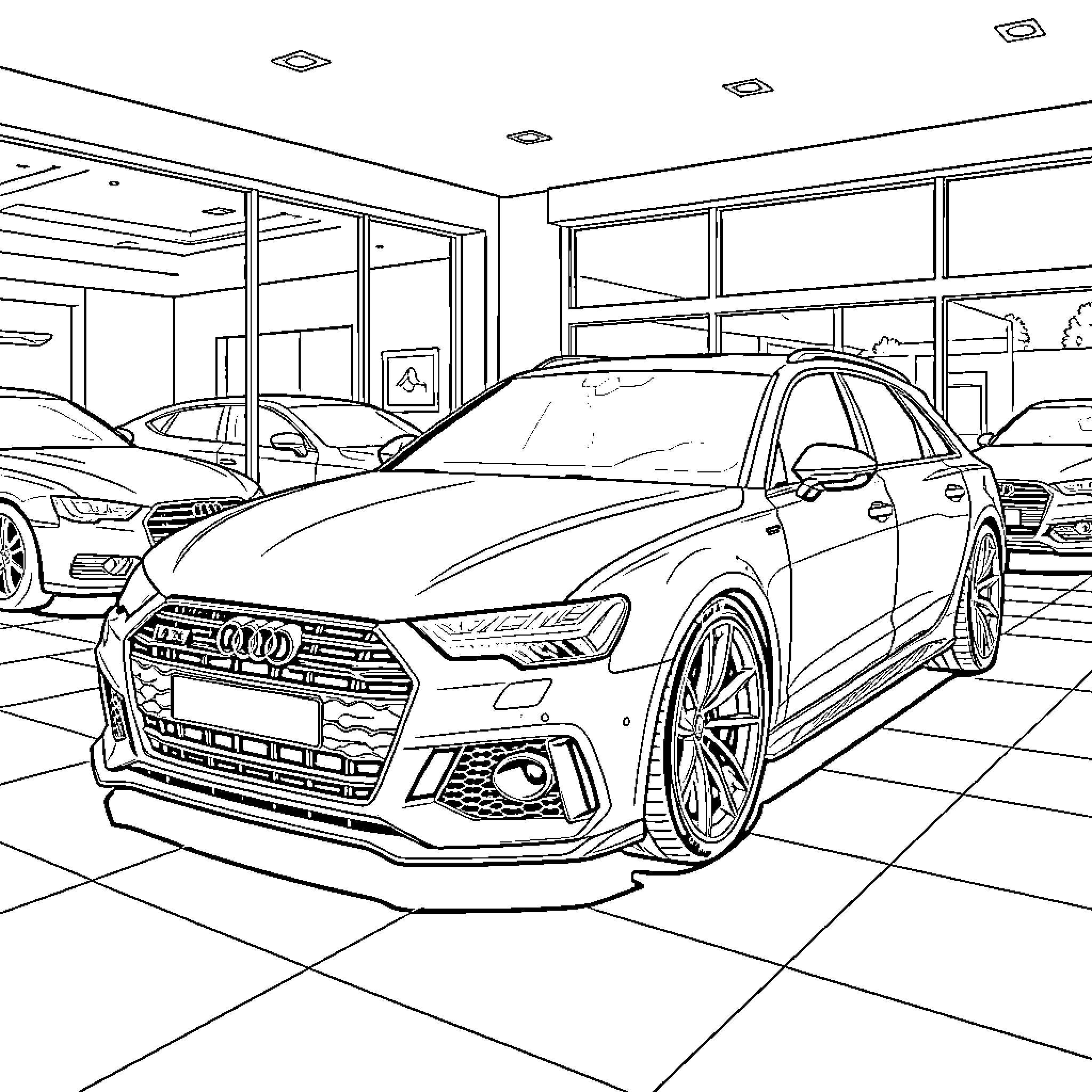 Audi luxury car in modern showroom Coloring Page (free black-and-white line drawing printable PDF for all, from beginners to advanced learners, including children, teens, adults, and seniors)