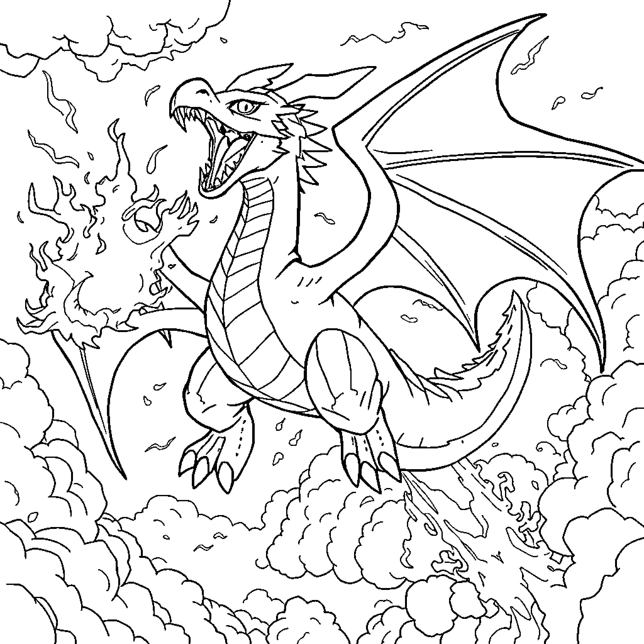 Charizard soaring through the clouds and breathing fire Coloring Page (free black-and-white line drawing printable PDF for all, from beginners to advanced learners, including children, teens, adults, and seniors)