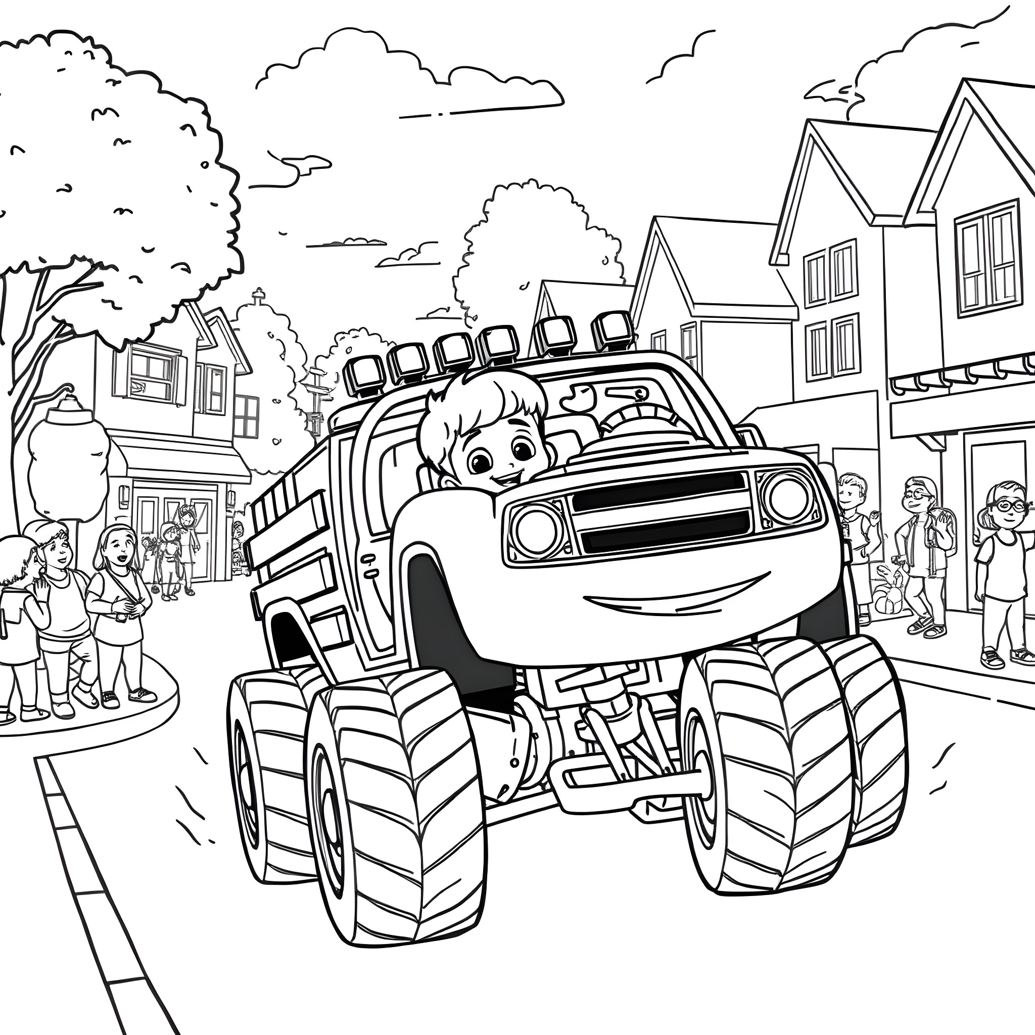 Blaze's Fearless Monster Truck Adventure Coloring Page (free black-and-white line drawing printable PDF for all, from beginners to advanced learners, including children, teens, adults, and seniors)