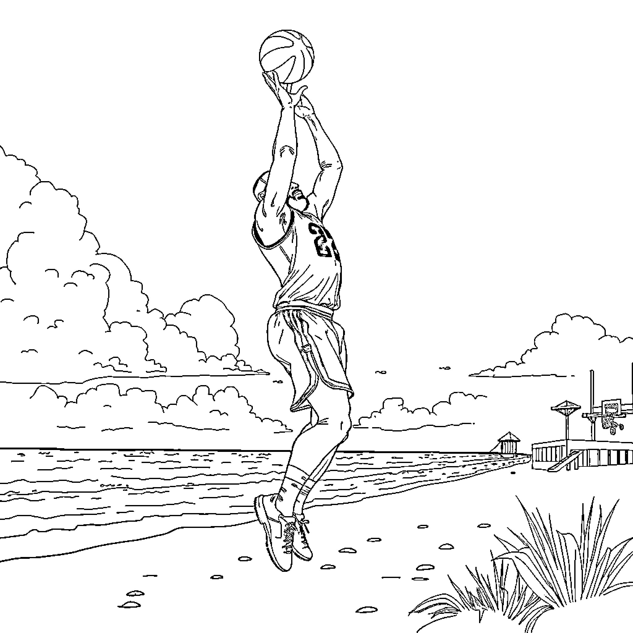 LeBron jumps to slam dunk on the beach Coloring Page (free black-and-white line drawing printable PDF for all, from beginners to advanced learners, including children, teens, adults, and seniors)
