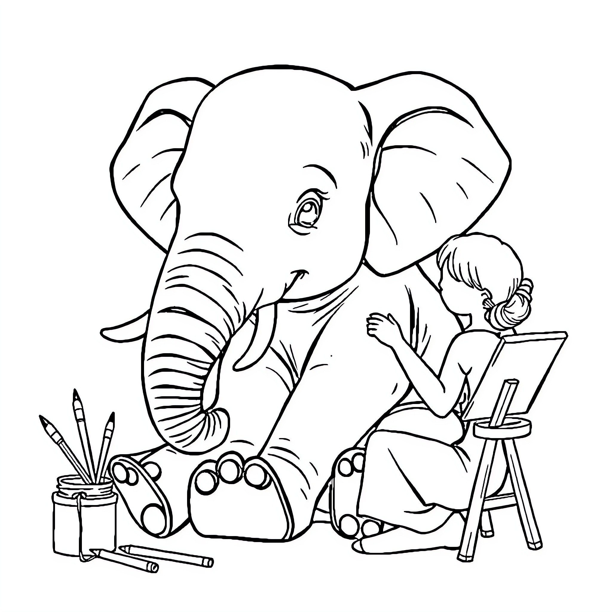 Elephant and Child Enjoying Creative Endeavors Coloring Page (free black-and-white line drawing printable PDF for all, from beginners to advanced learners, including children, teens, adults, and seniors)