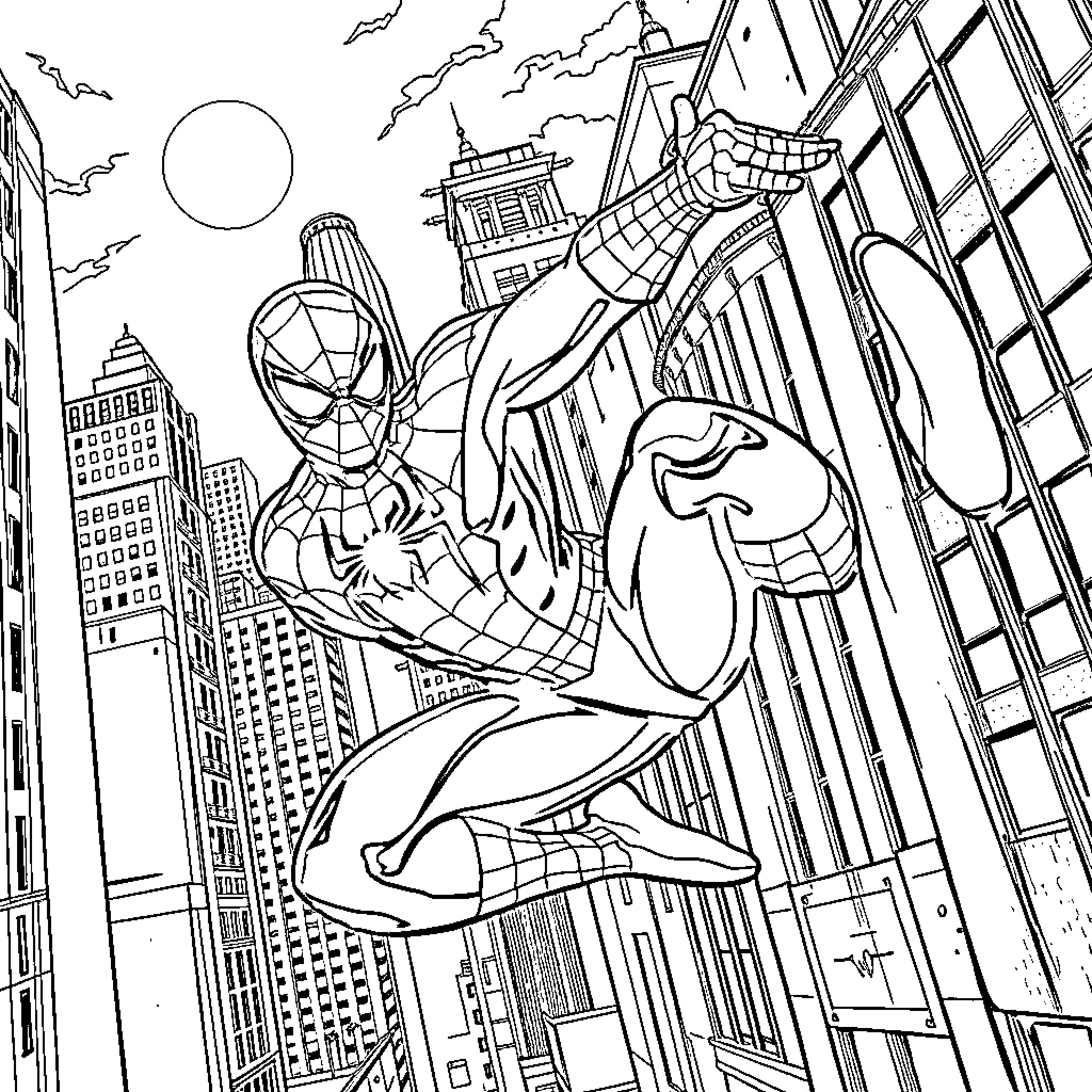 Spiderman swinging through the cityscape Coloring Page (free black-and-white line drawing printable PDF for all, from beginners to advanced learners, including children, teens, adults, and seniors)