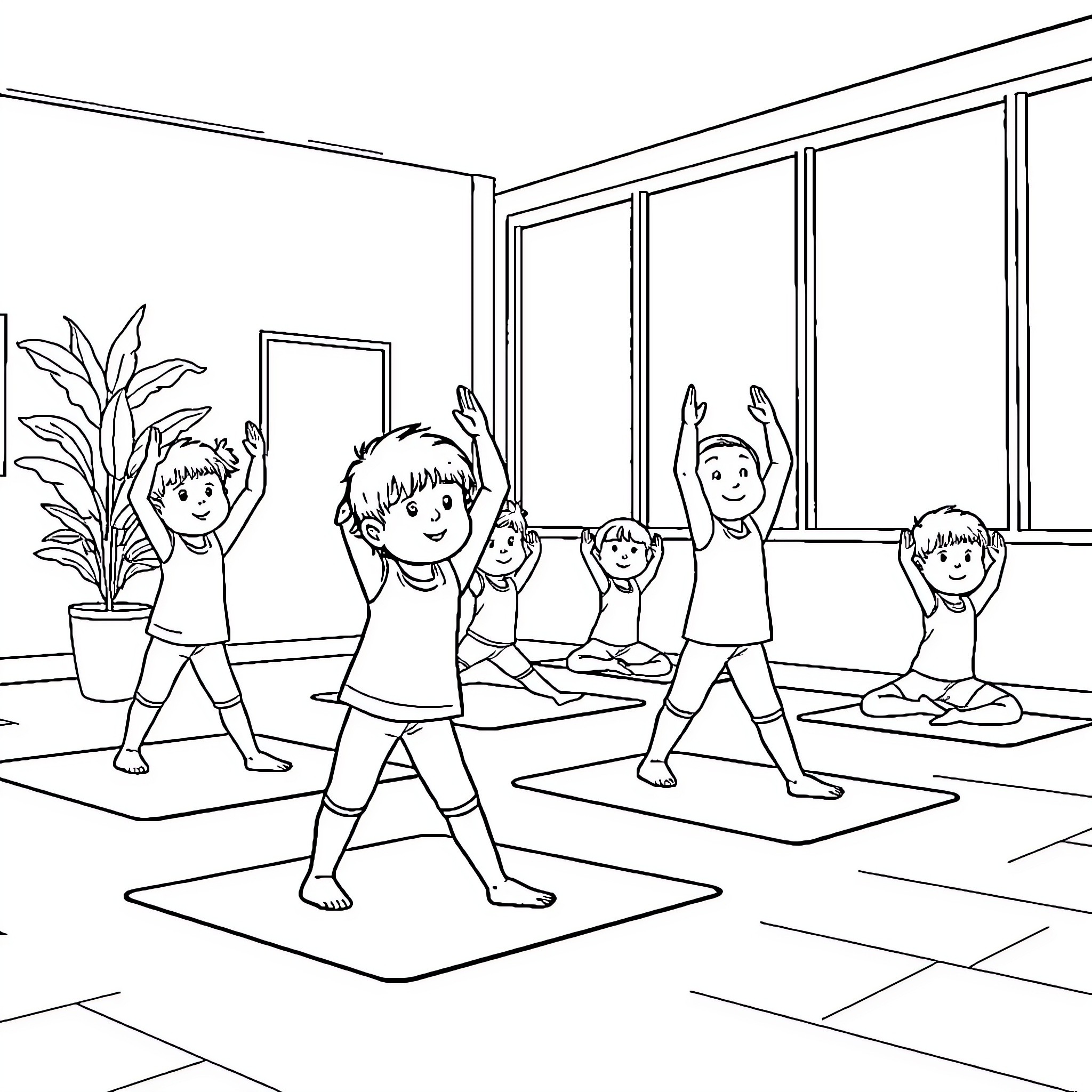 Yoga class with children in a studio Coloring Page (free black-and-white line drawing printable PDF for all, from beginners to advanced learners, including children, teens, adults, and seniors)