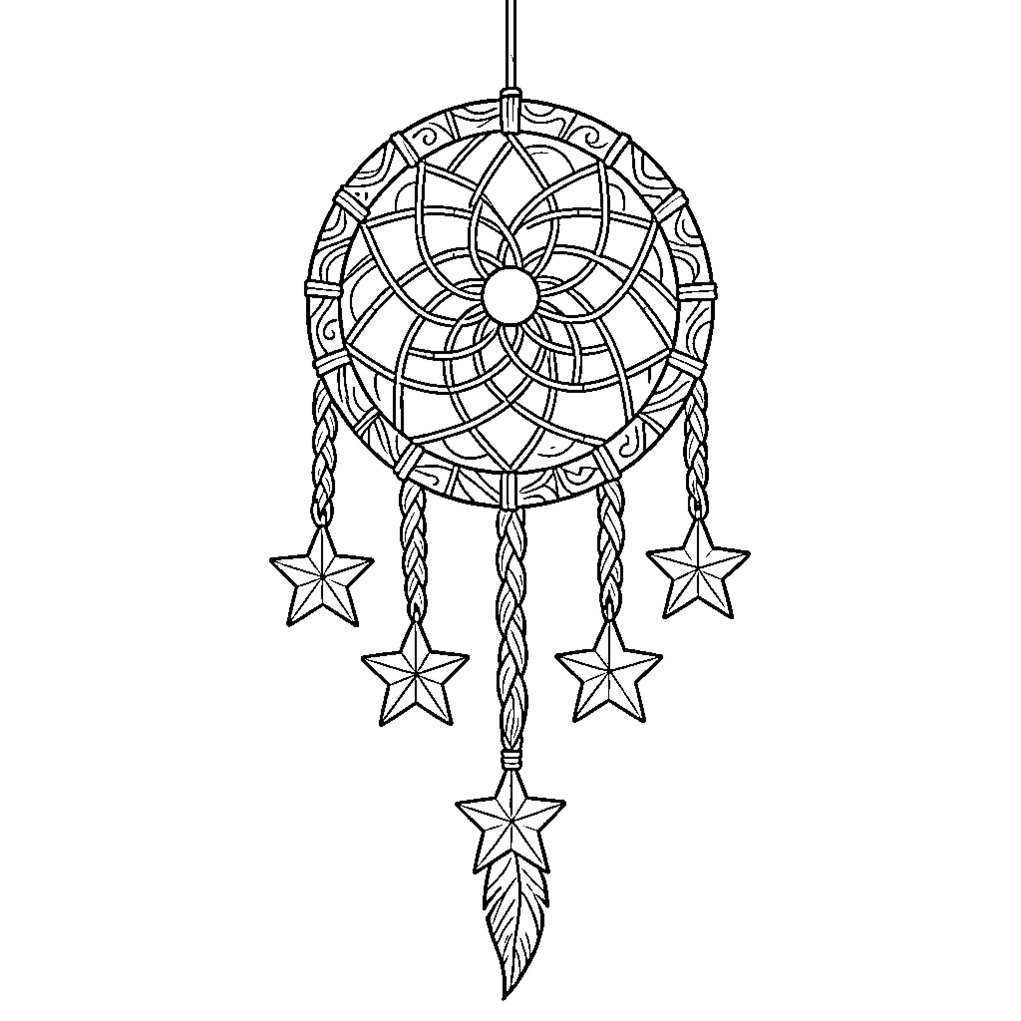 Dream Catcher with Intricate Patterns and Stars Coloring Page (free black-and-white line drawing printable PDF for all, from beginners to advanced learners, including children, teens, adults, and seniors)