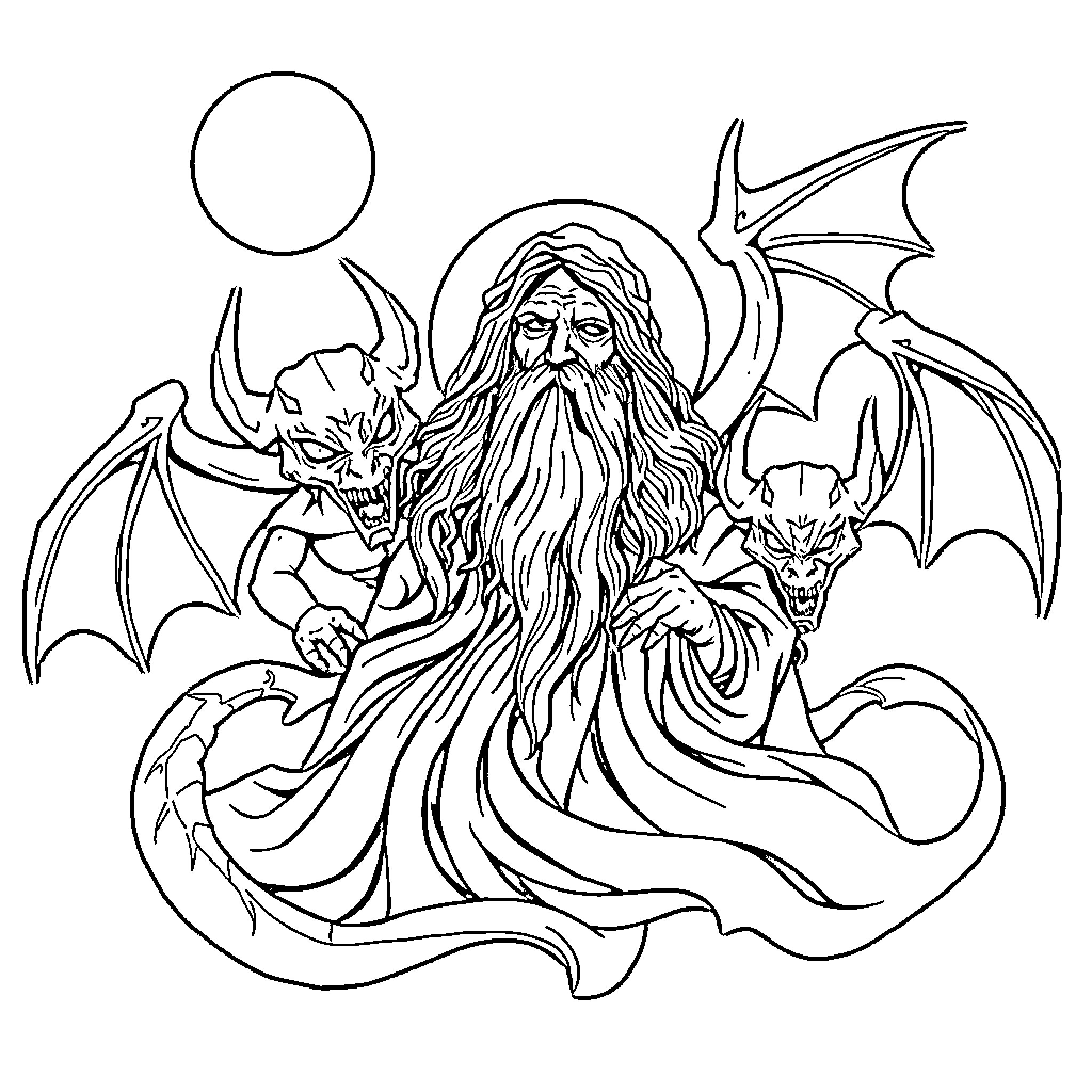 Rumi and Mythical Creatures in an Ethereal Scene Coloring Page (free black-and-white line drawing printable PDF for all, from beginners to advanced learners, including children, teens, adults, and seniors)