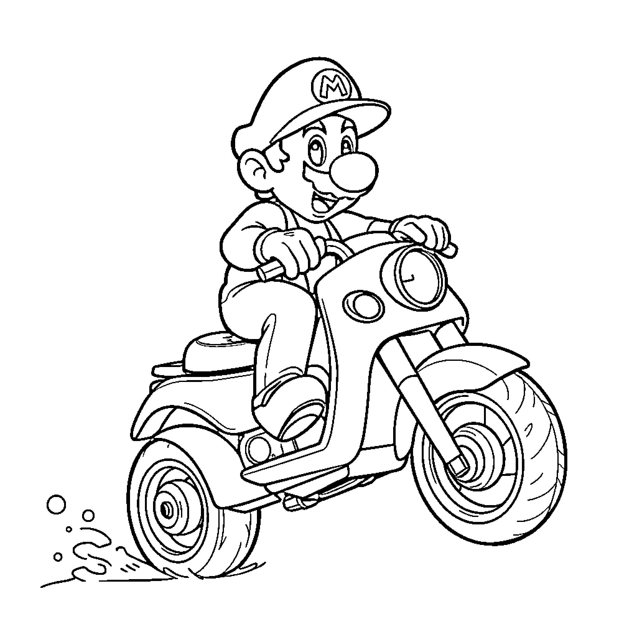 Mario riding a motorcycle with excitement Coloring Page (free black-and-white line drawing printable PDF for all, from beginners to advanced learners, including children, teens, adults, and seniors)