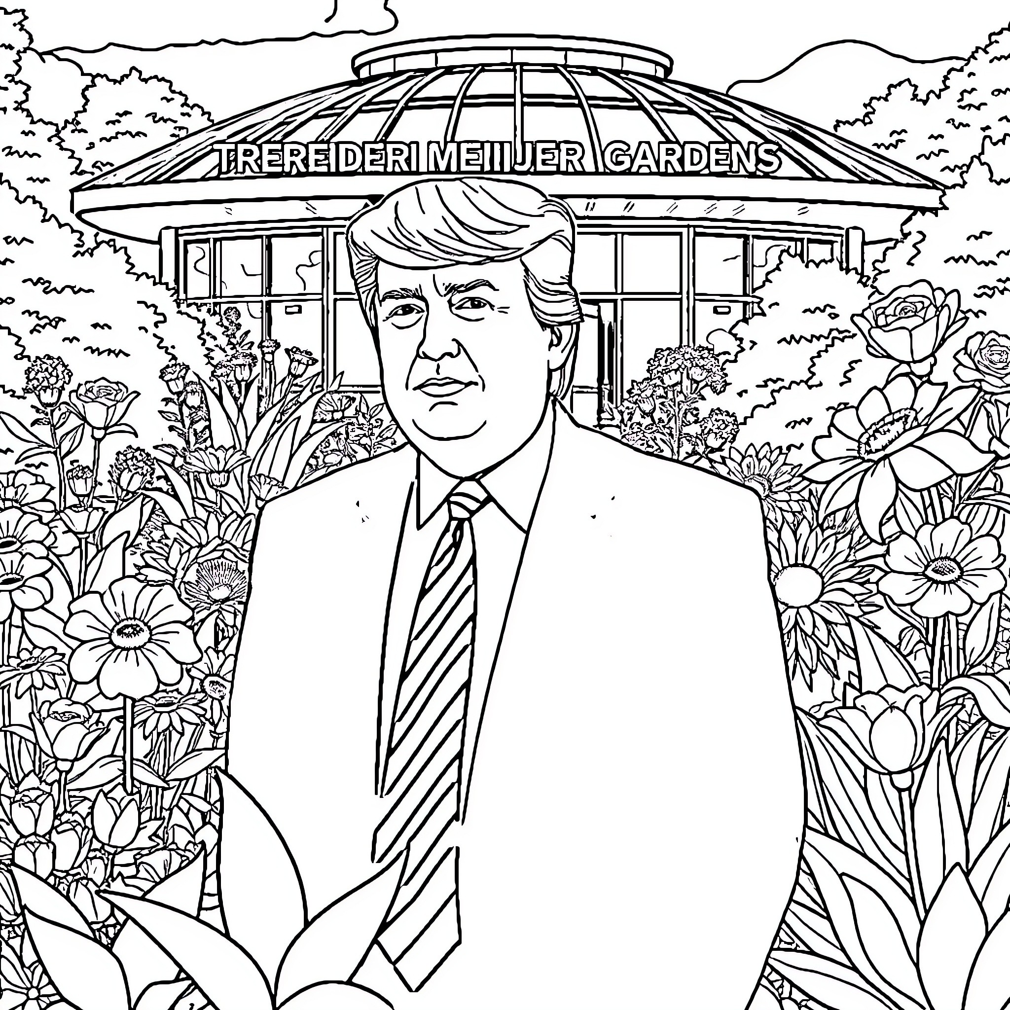 Donald Trump at the Trerederi Miller Gardens Coloring Page (free black-and-white line drawing printable PDF for all, from beginners to advanced learners, including children, teens, adults, and seniors)